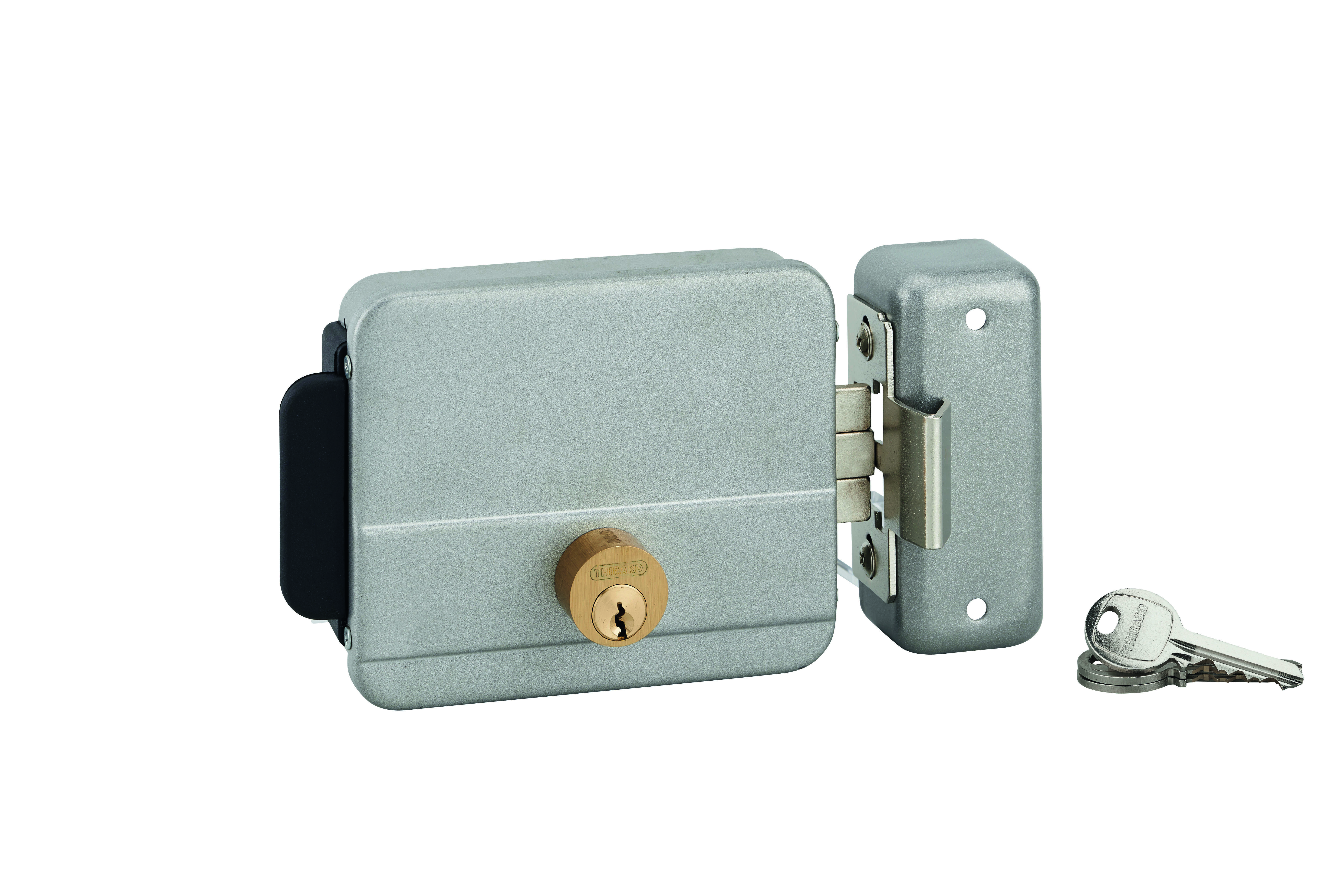 Serrure électrique horizontale en applique double entré pour portail, réversible, axe 60mm, 125x105mm, gris, 3 clés - THIRARD