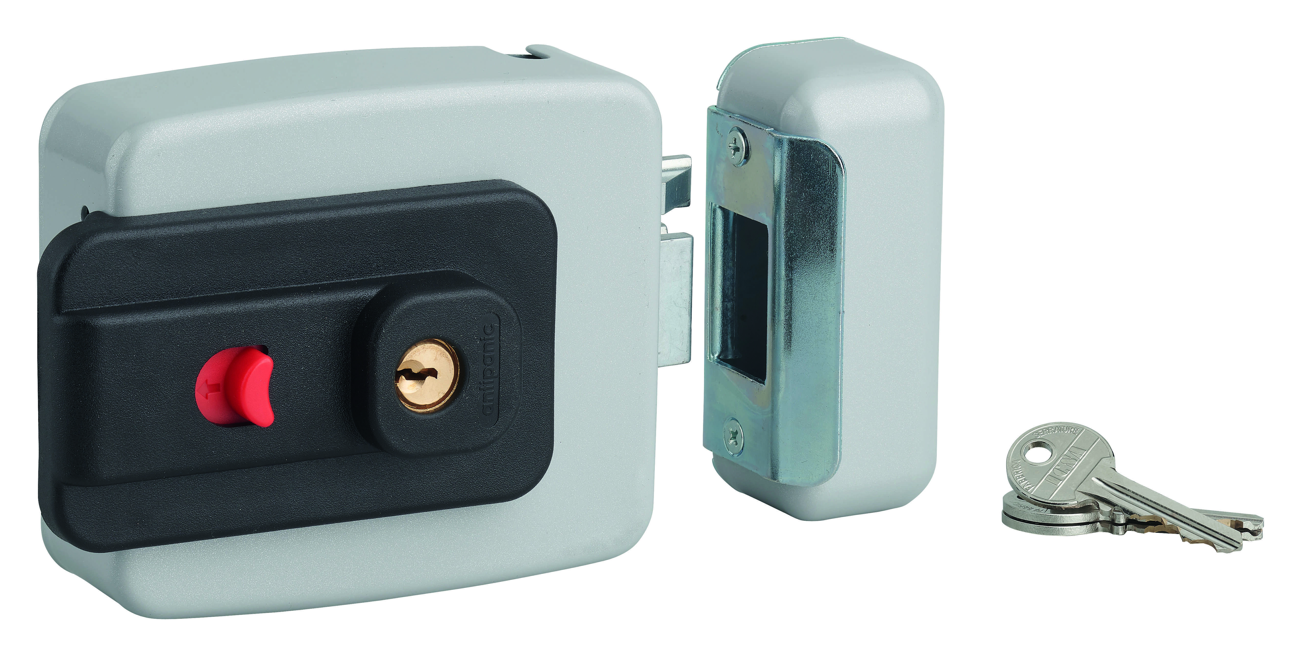 Serrure de sûreté horizontale à bouton et cylindre 50mm pour porte d'entrée, électrique, réversible, gris, 3 clés - THIRARD