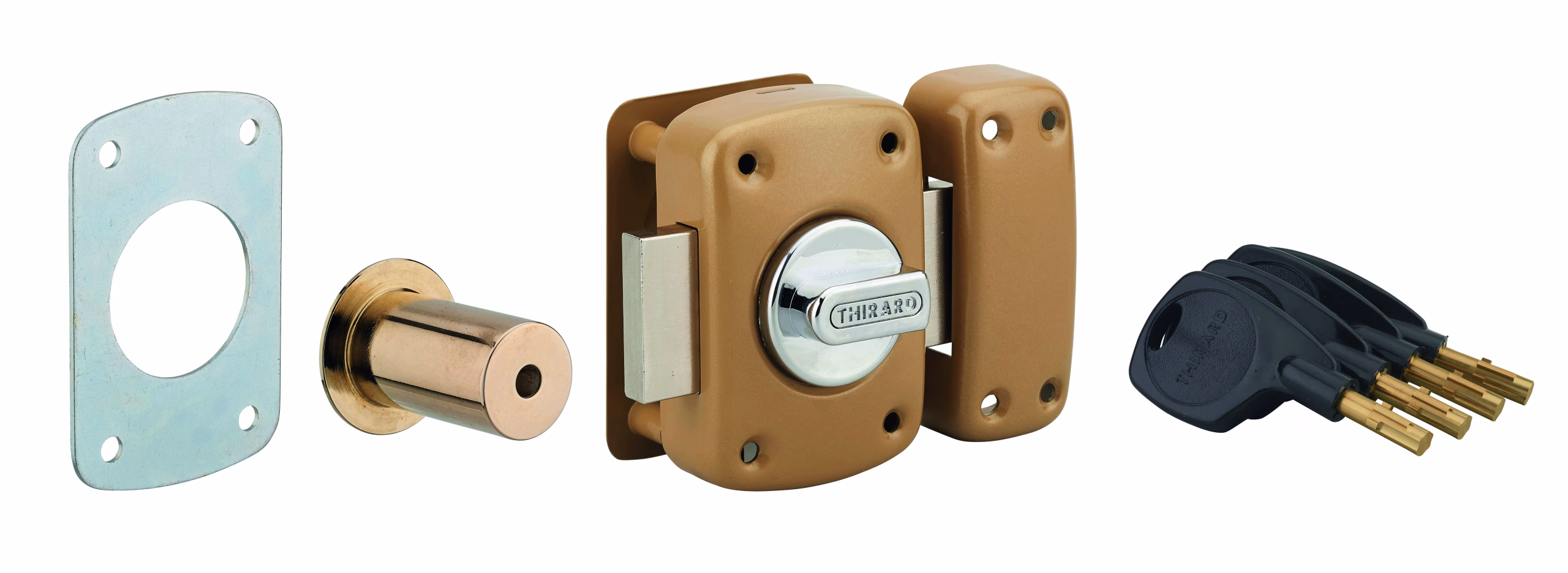 Verrou à bouton Surveyor pour porte d'entrée, cylindre 40mm, acier, 4 clés, epoxy bronze - THIRARD