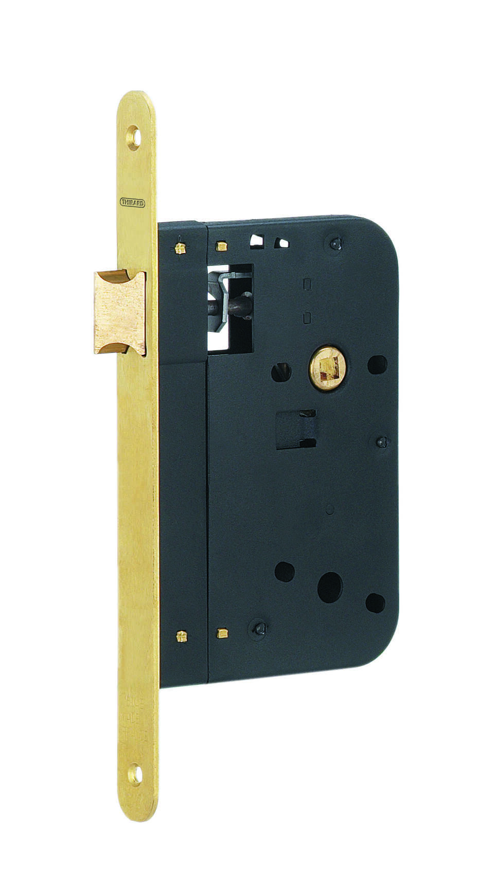 Serrure encastrable pour porte intérieure, axe 70mm, bouts ronds, laiton brossé - THIRARD