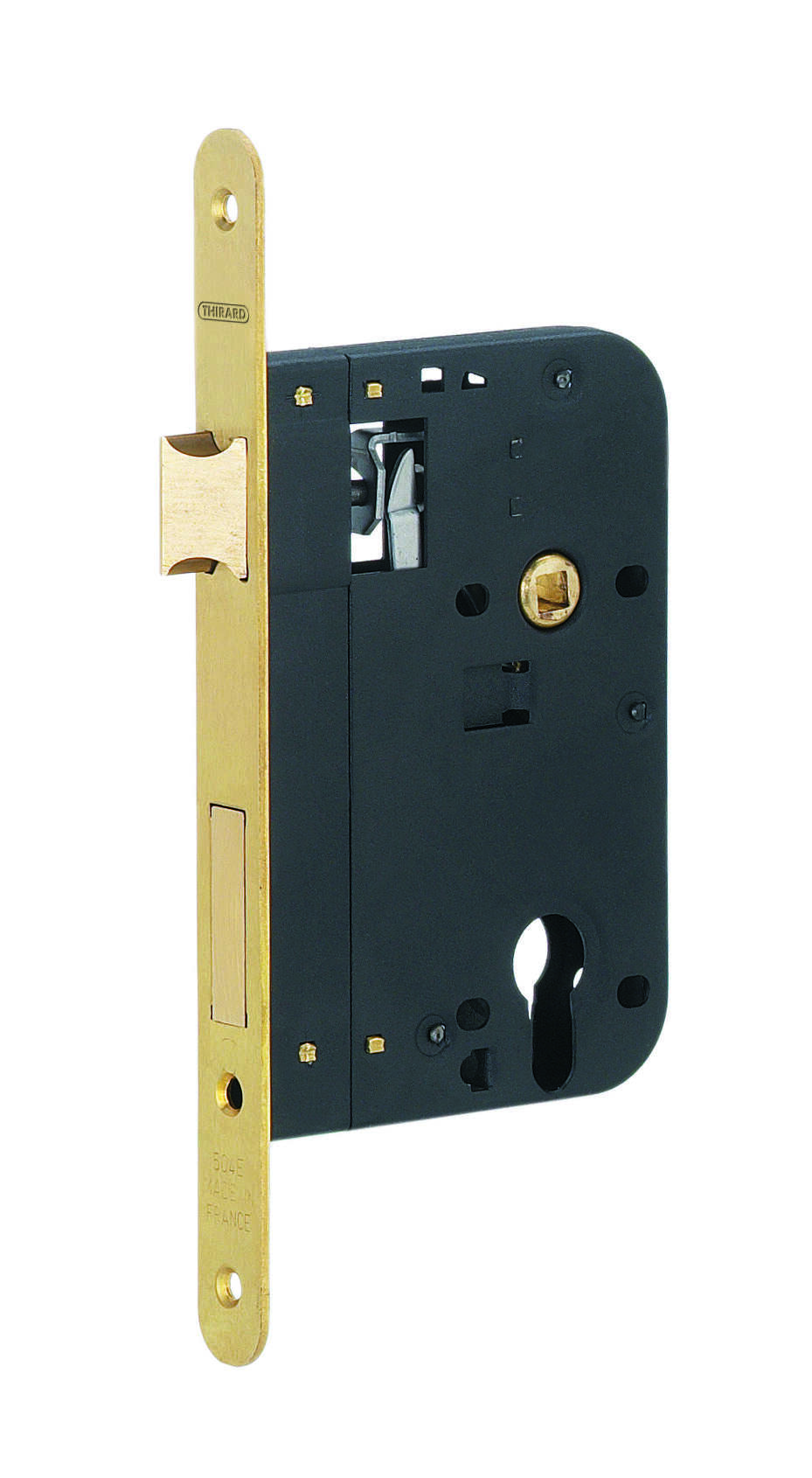Boitier de serrure encastrable à cylindre pour porte d'entrée, axe 70mm, bouts ronds, laiton brossé - THIRARD