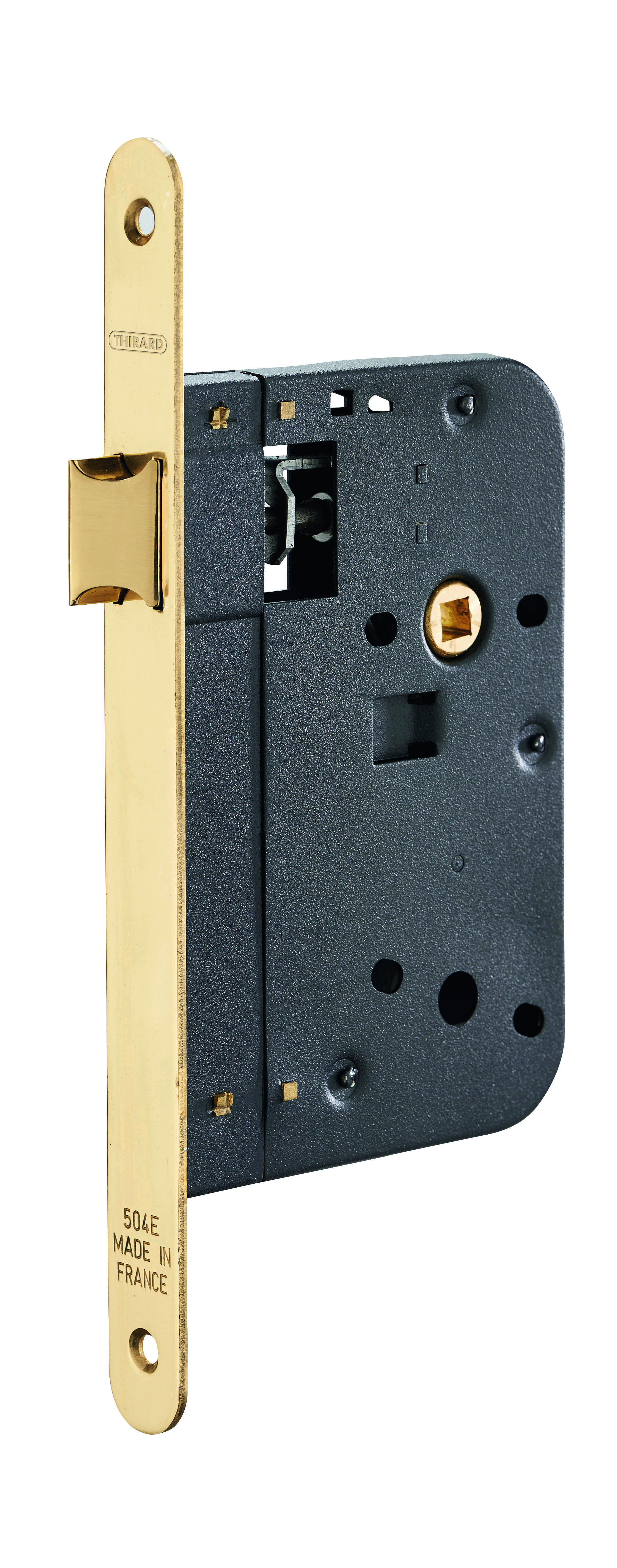 Serrure encastrable pour porte intérieure, axe 70mm, bouts ronds, laiton poli verni - THIRARD