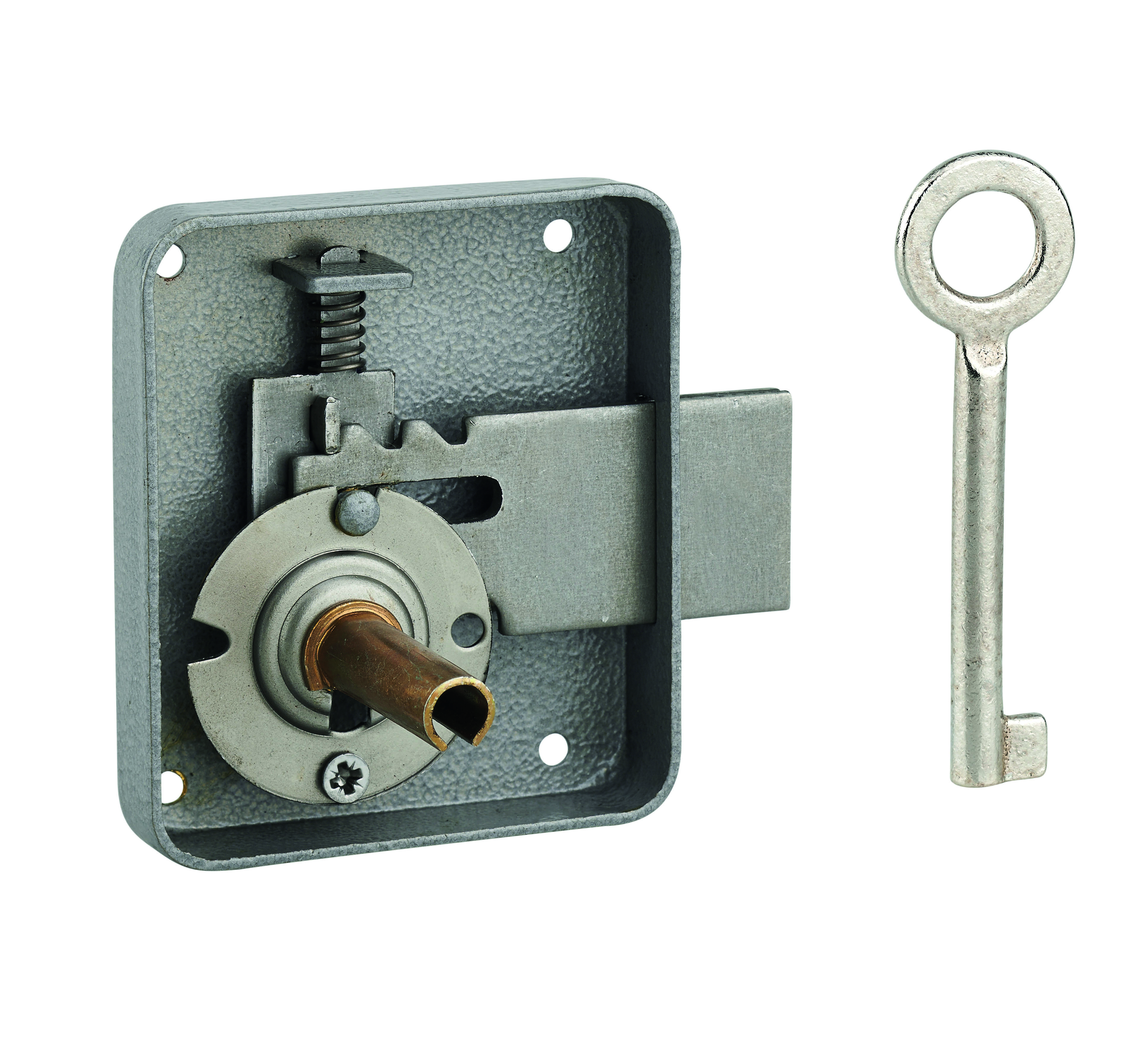 Serrure de meuble Paris pour porte d'ameublement, gauche, axe 40mm, 65x70mm, gris, 1 clé - THIRARD