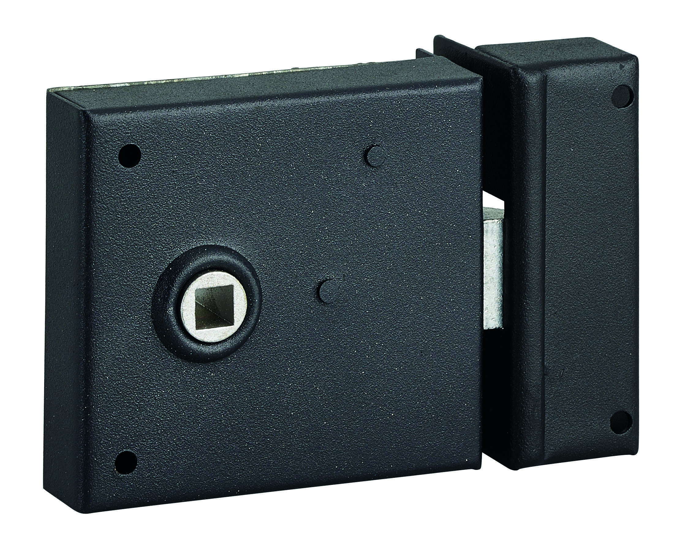 Serrure horizontale en applique à fouillot pour porte int., pêne 1/2tour seul, axe 60mm, carré 8mm, 85x76mm, noir - THIRARD