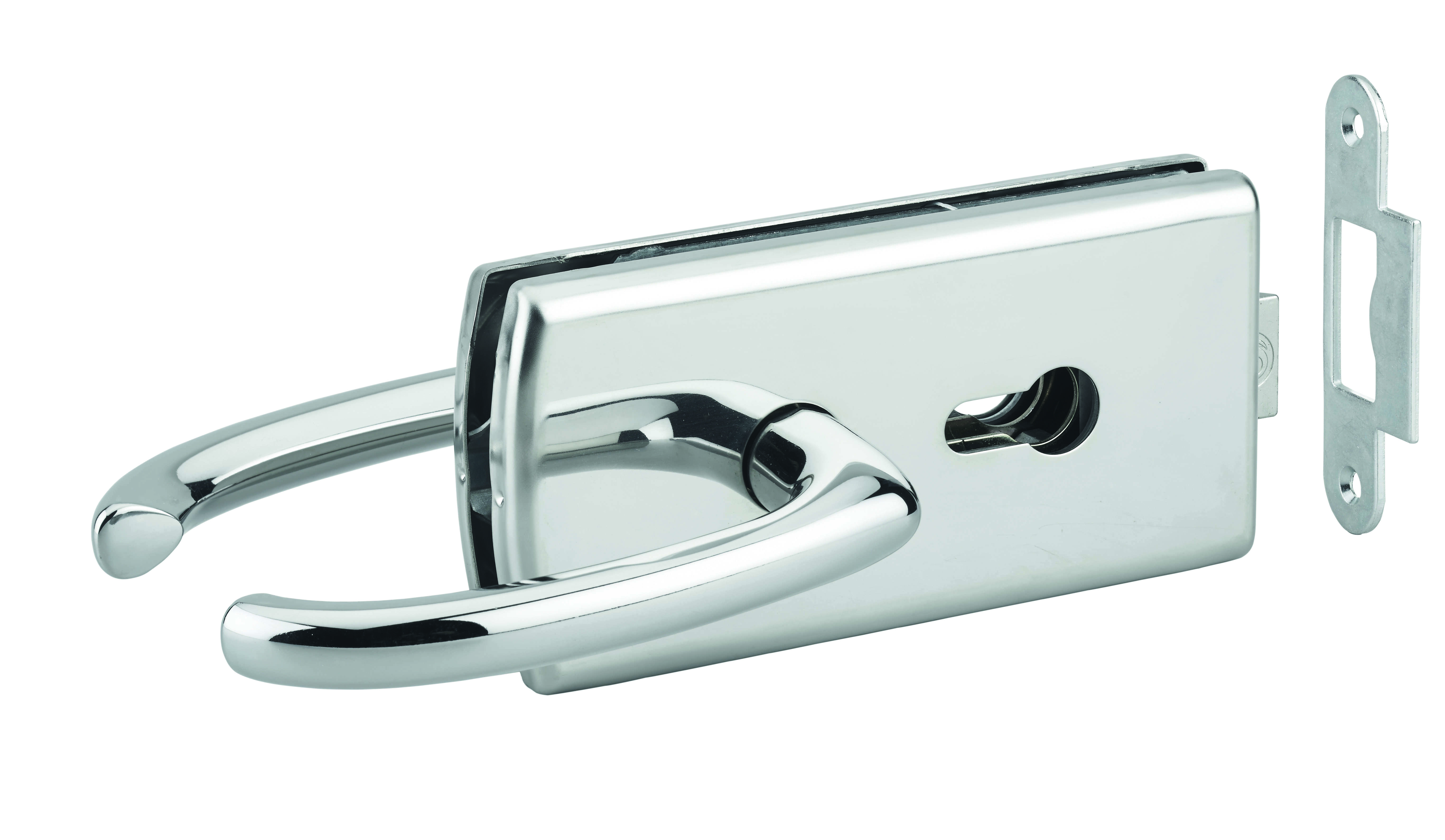 Boitier de serrure de milieu en applique à double entrée pour porte verre, réversible, avec béquille, 154x72mm, chromé - THIRARD