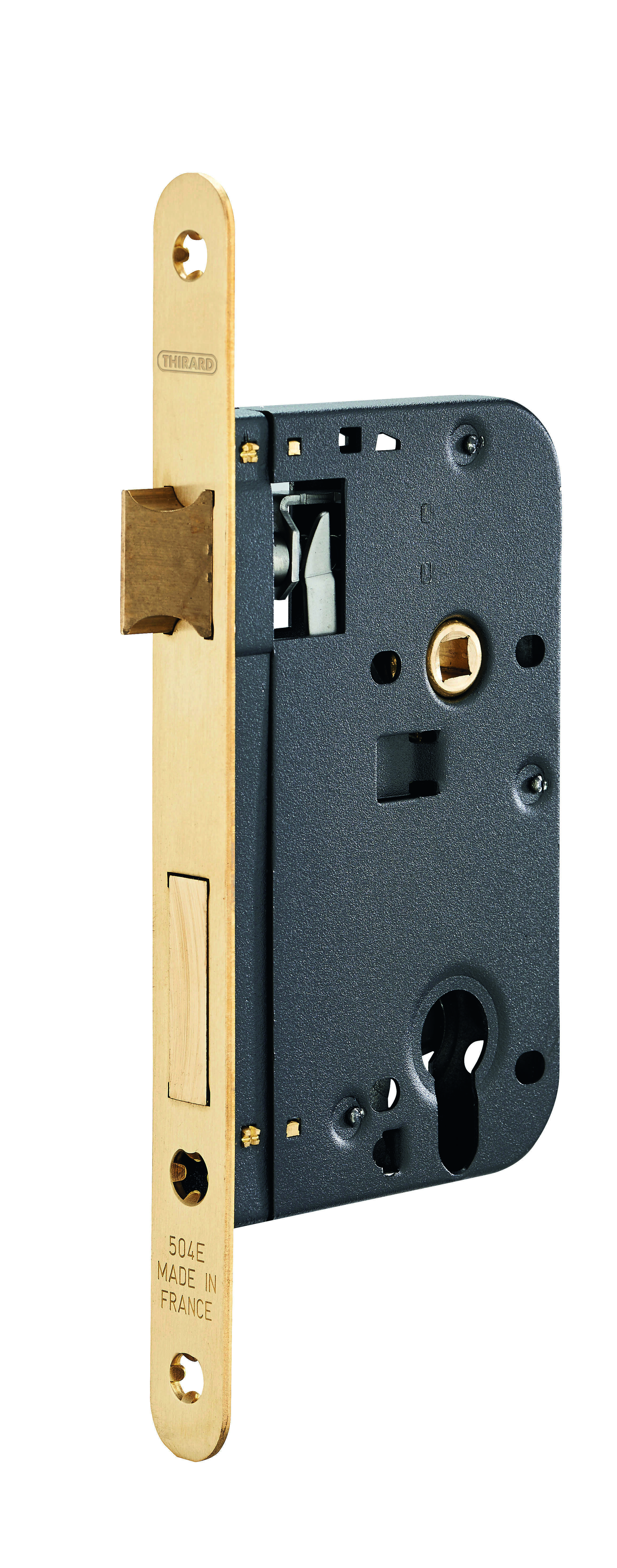 Boitier de serrure encastrable à cylindre pour porte d'entrée, axe 60mm, bouts ronds, laiton brossé - THIRARD