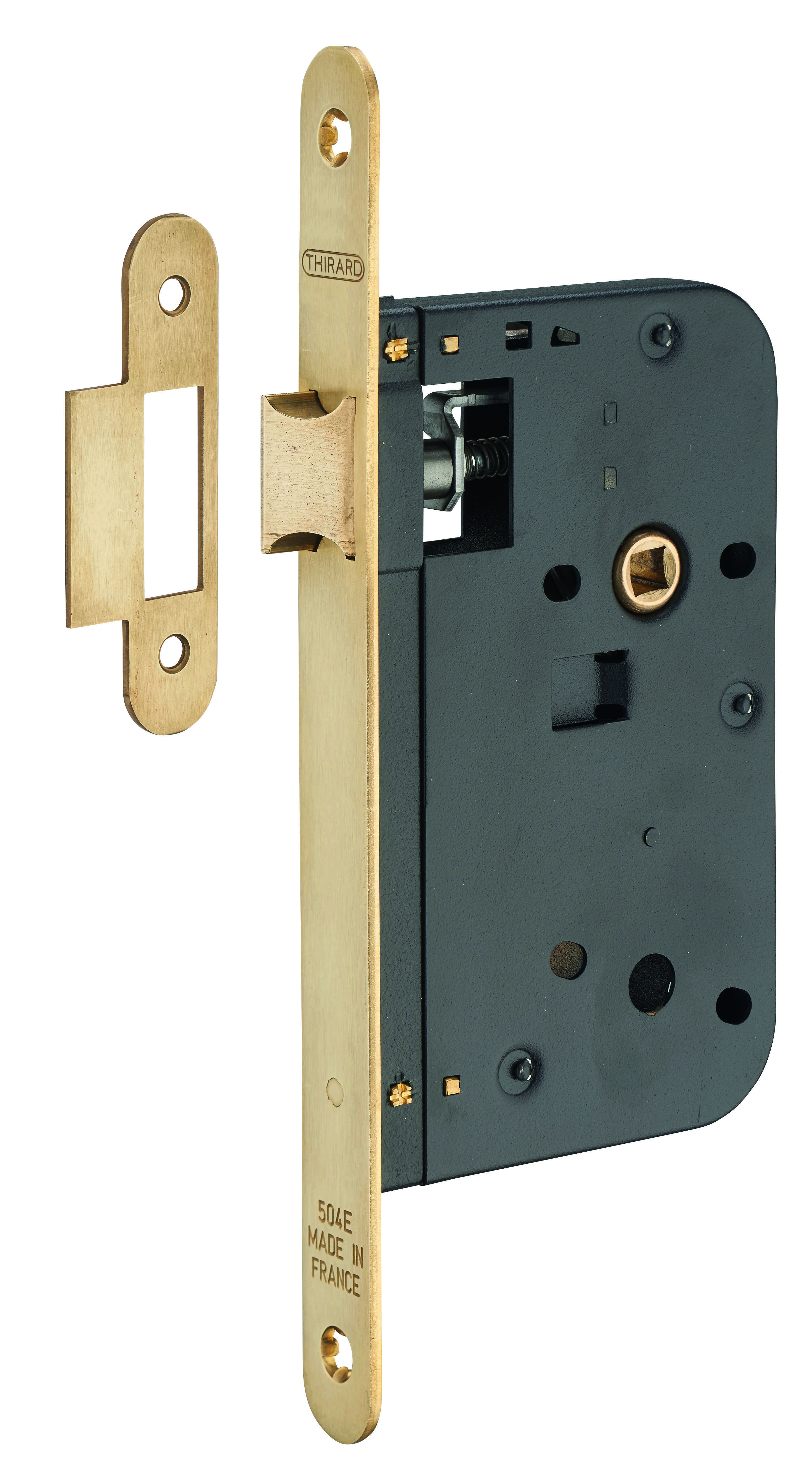 Serrure encastrable pour porte intérieure, axe 60mm, bouts ronds, laiton brossé - THIRARD