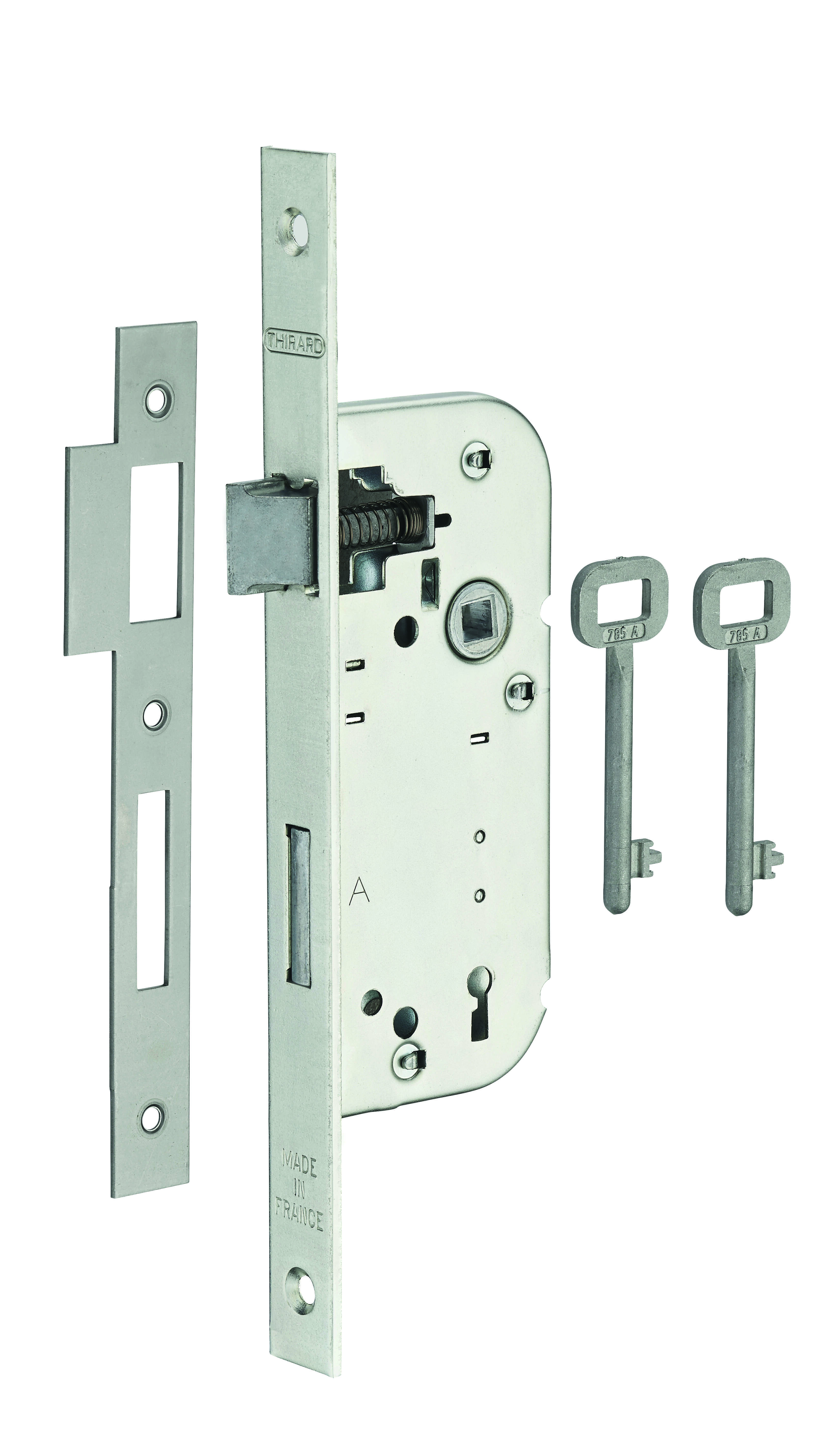 Serrure encastrable à clé pour porte de chambre, axe 40mm, bouts carrés, zingué, 2 clés - THIRARD
