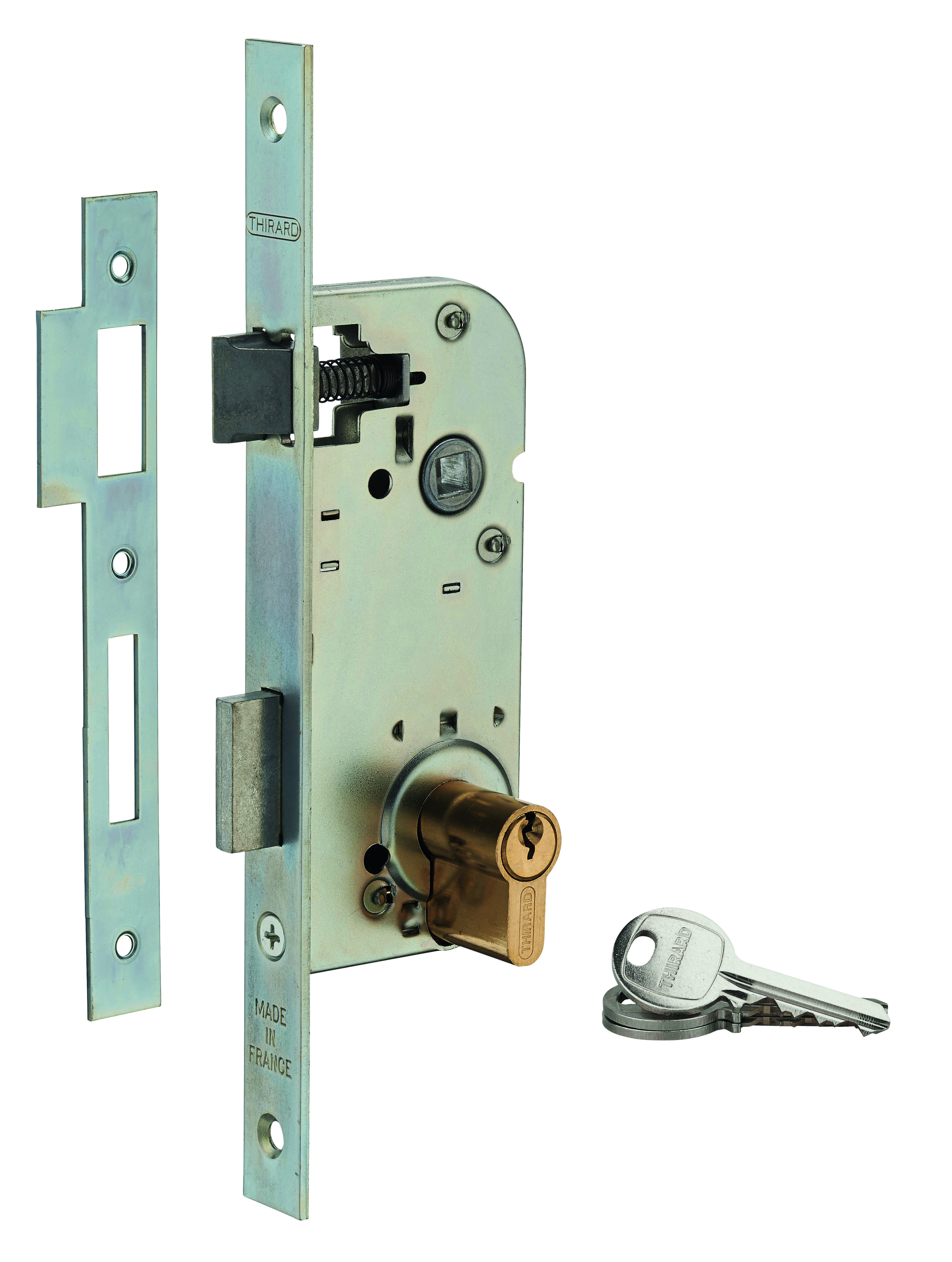Serrure encastrable à cylindre pour porte d'entrée, axe 40mm, bouts carrés, cylindre 30x30mm, zingué, 3 clés - THIRARD