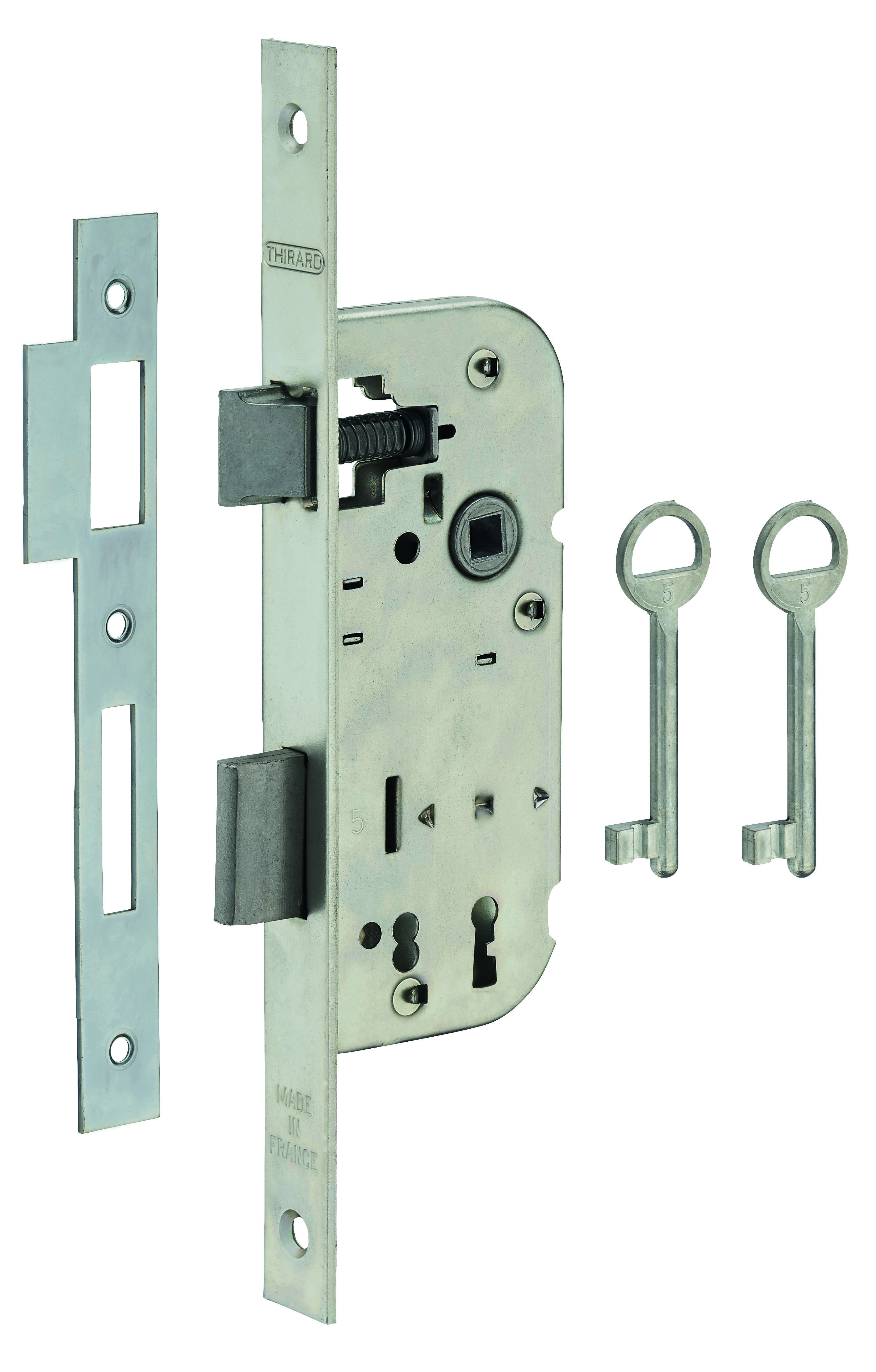 Serrure encastrable à clé pour porte de chambre, axe 40mm, bouts carrés, 2 tours, zingué, 1 clé - THIRARD