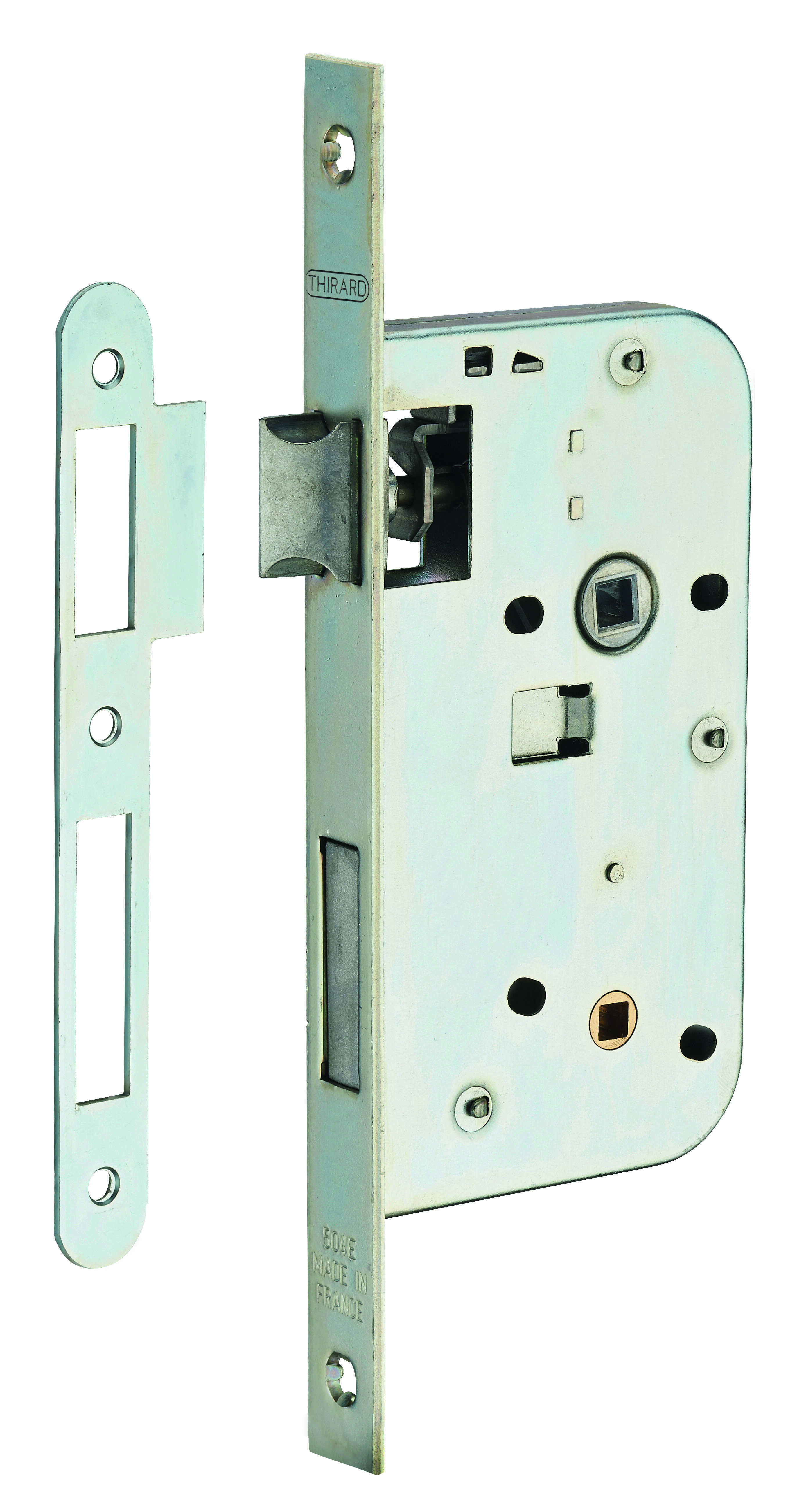 Serrure encastrable à condamnation pour porte de salle de bain et toilettes, axe 50 mm, bouts carrés, zingué - THIRARD