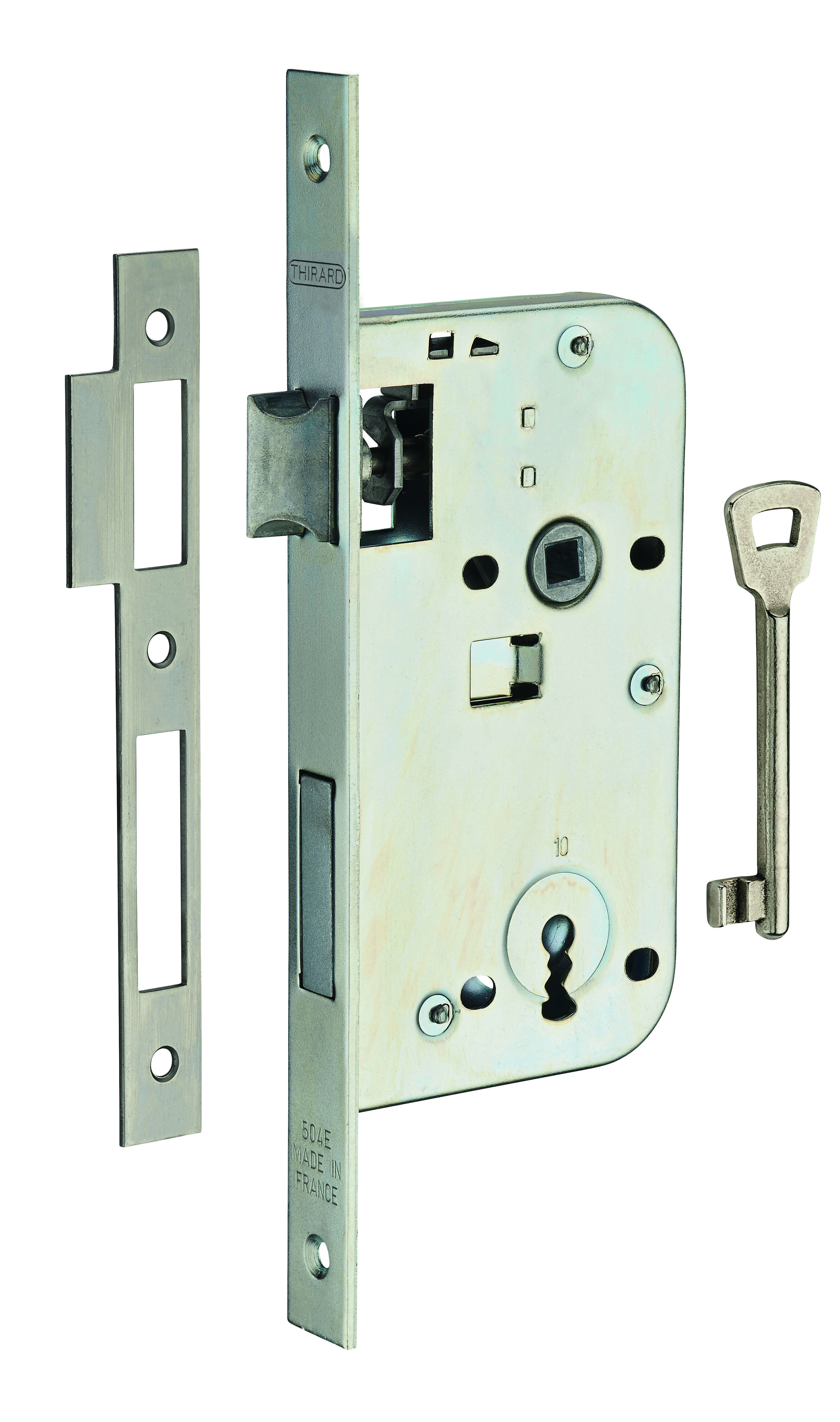 Serrure encastrable à clé pour porte de chambre, axe 50mm, bouts carrés, zingué, 1 clé - THIRARD