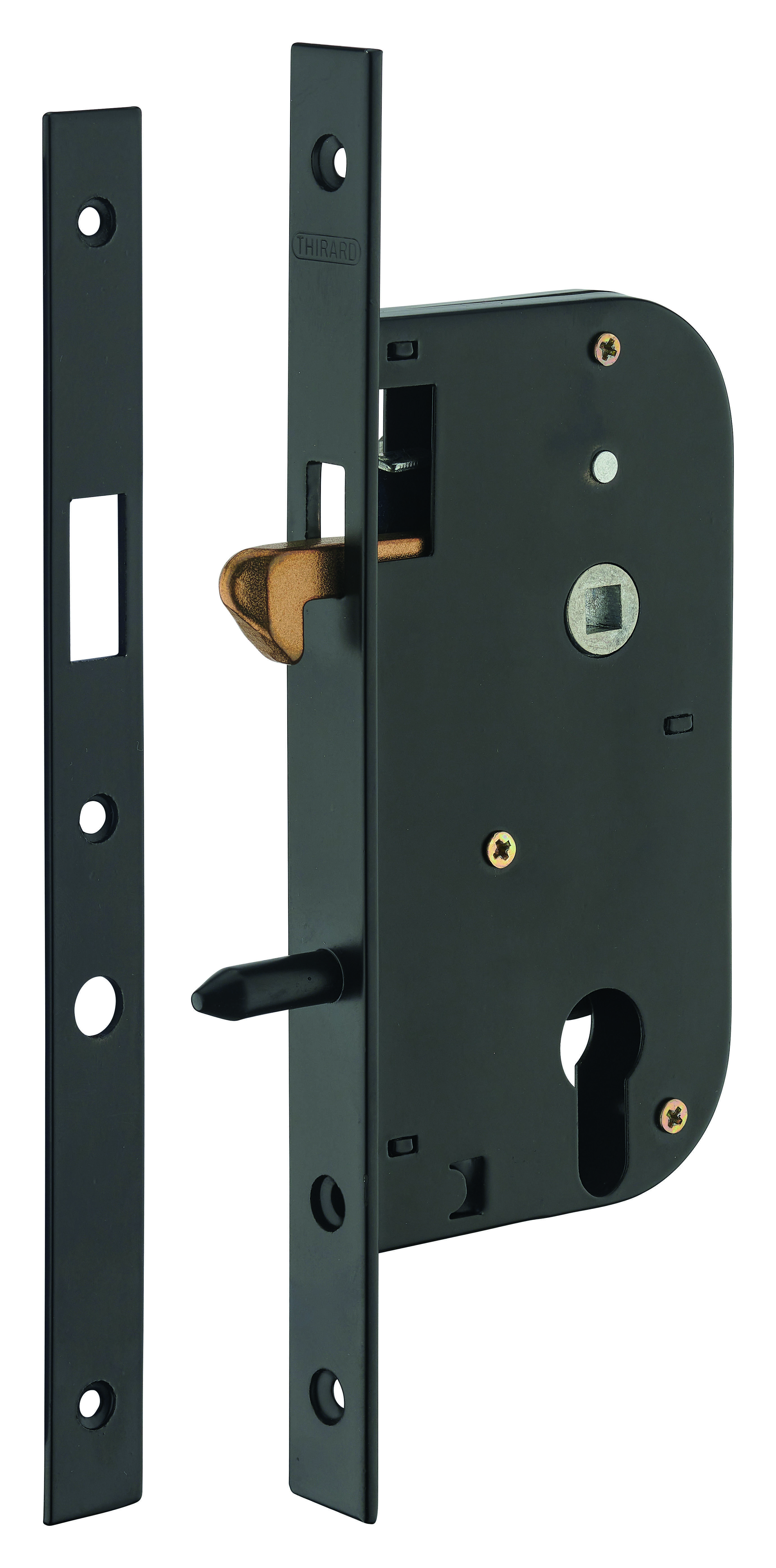 Boitier de serrure encastrable à crochet pour porte coulissante, axe 50mm, bouts carrés - THIRARD