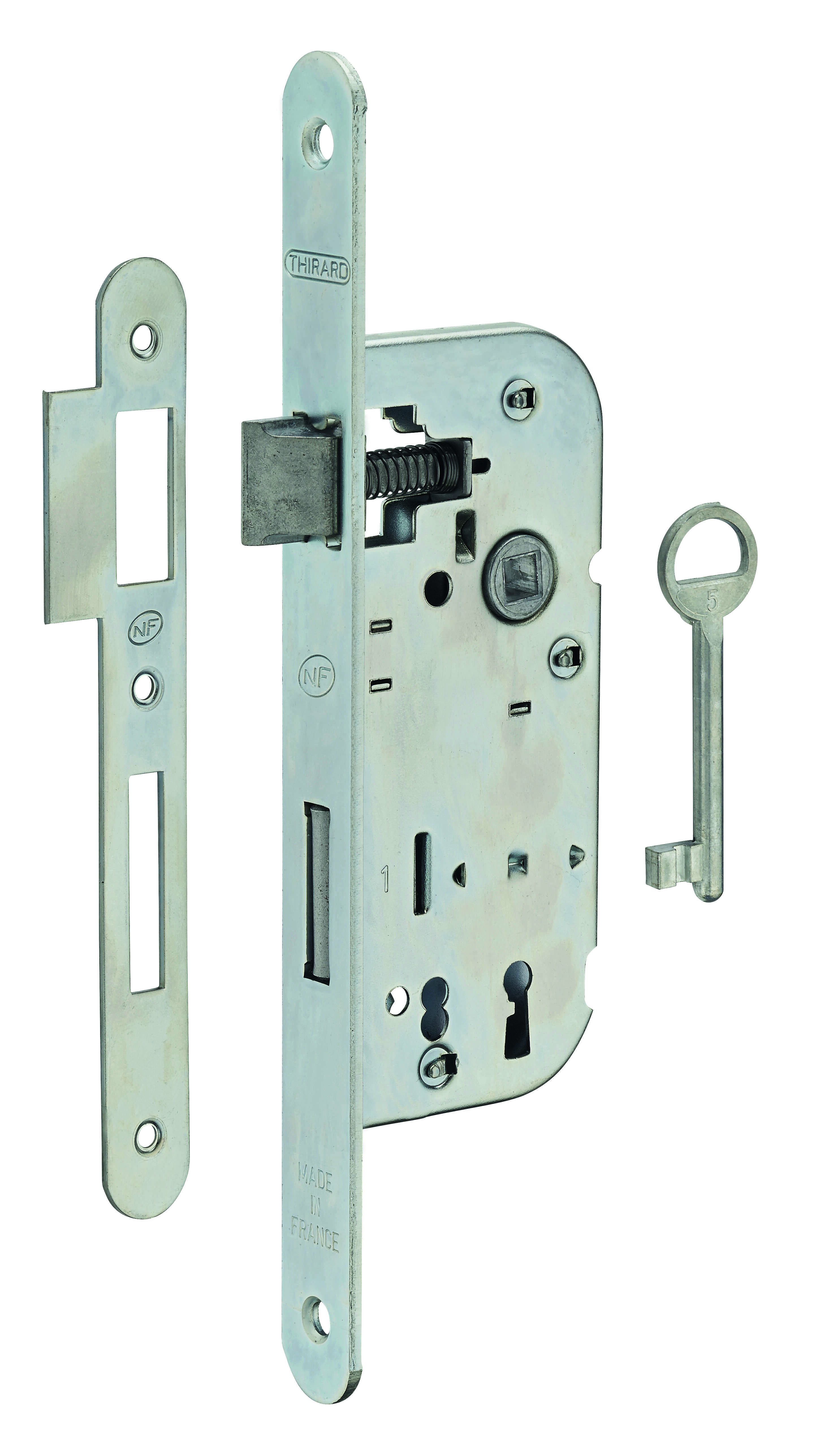 Serrure encastrable NF à clé pour porte de chambre, axe 40mm, bouts ronds, 1 clé - THIRARD