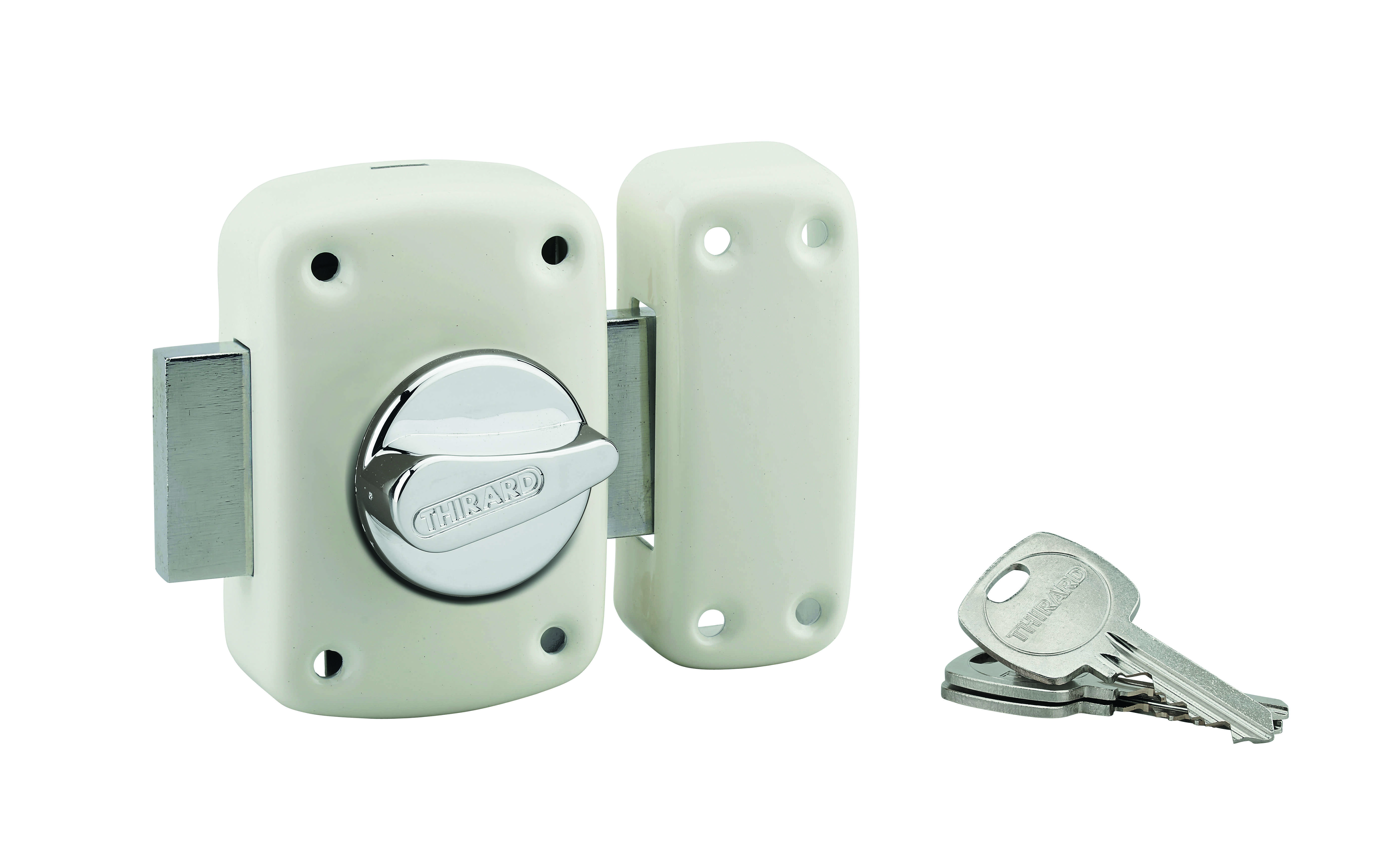Verrou à bouton Corvette pour porte d'entrée, cylindre 45mm, acier, 3 clés, époxy blanc - THIRARD