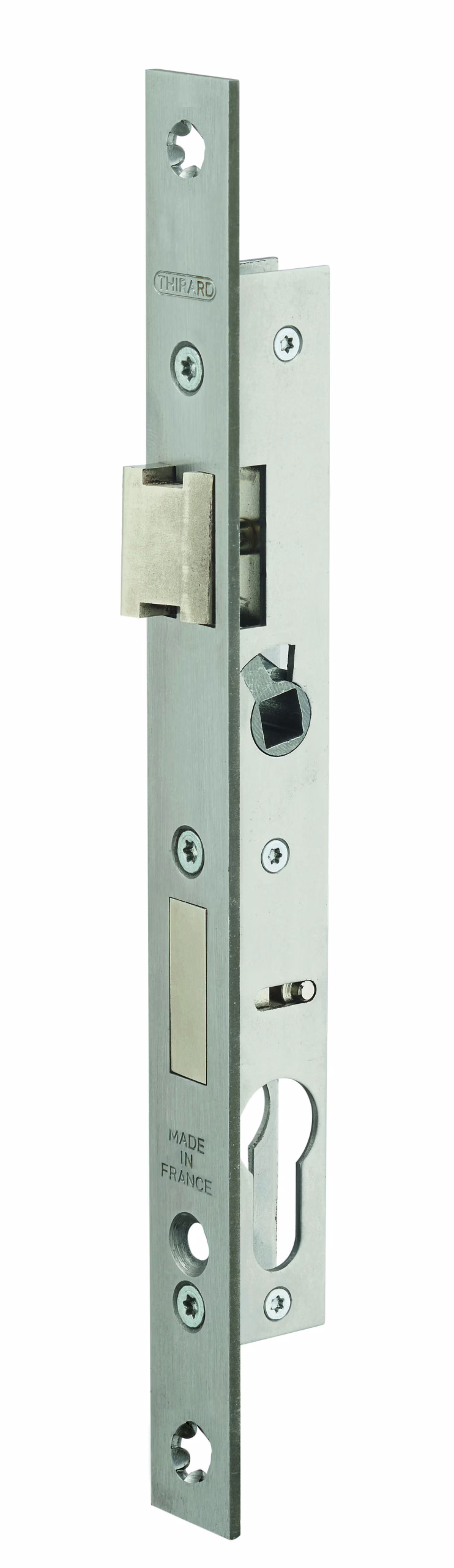 Boitier de serrure encastrable à cylindre pour menuiserie métallique, axe 10.5mm, bouts carrés, inox - THIRARD