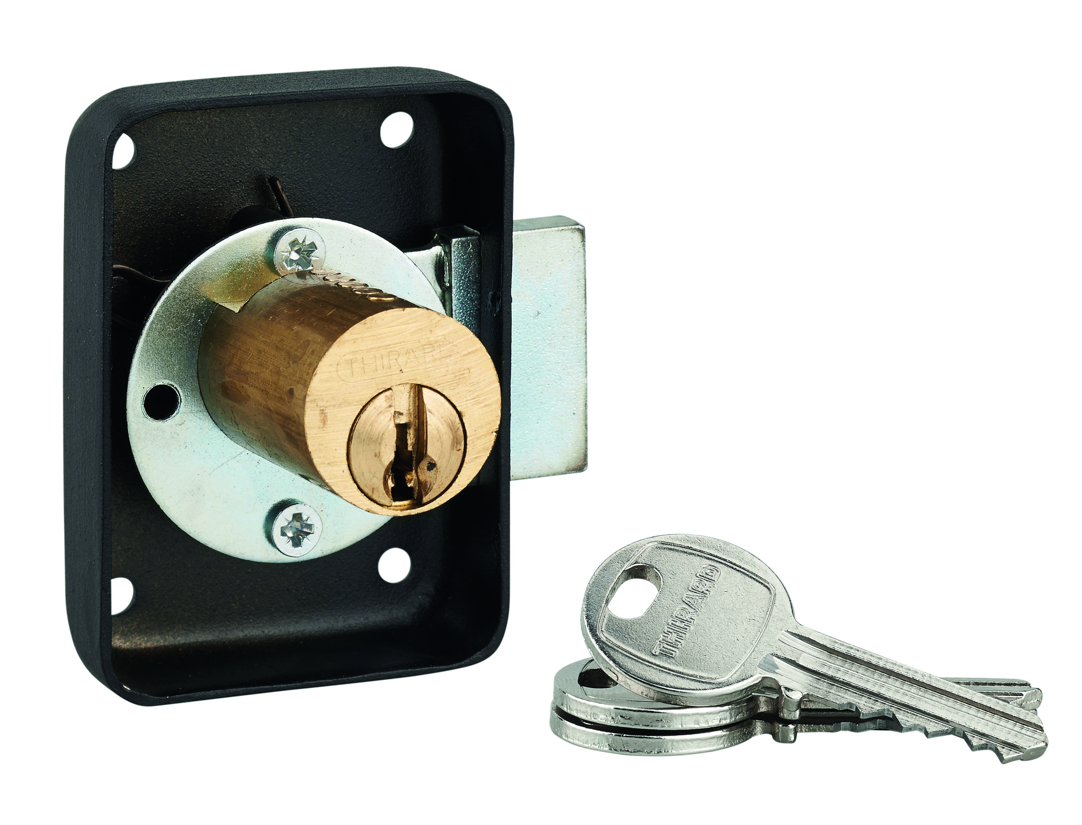 Serrure de meuble en applique pour porte d'ameublement, gauche, axe 25mm, 70x50mm, noir, 3 clés - THIRARD