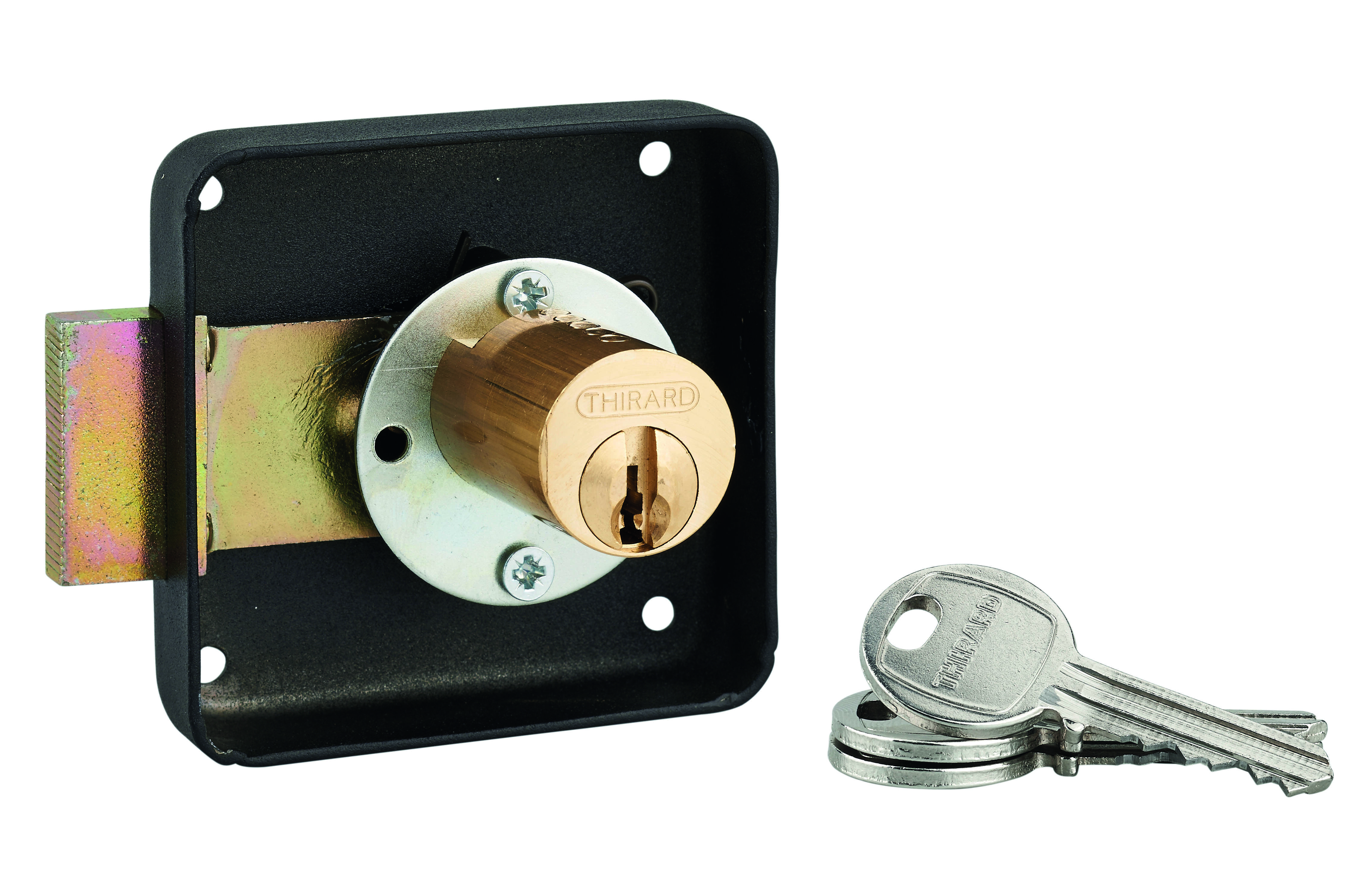 Serrure de meuble en applique pour porte d'ameublement, droite, axe 40mm, 70x70mm, noir, 3 clés - THIRARD