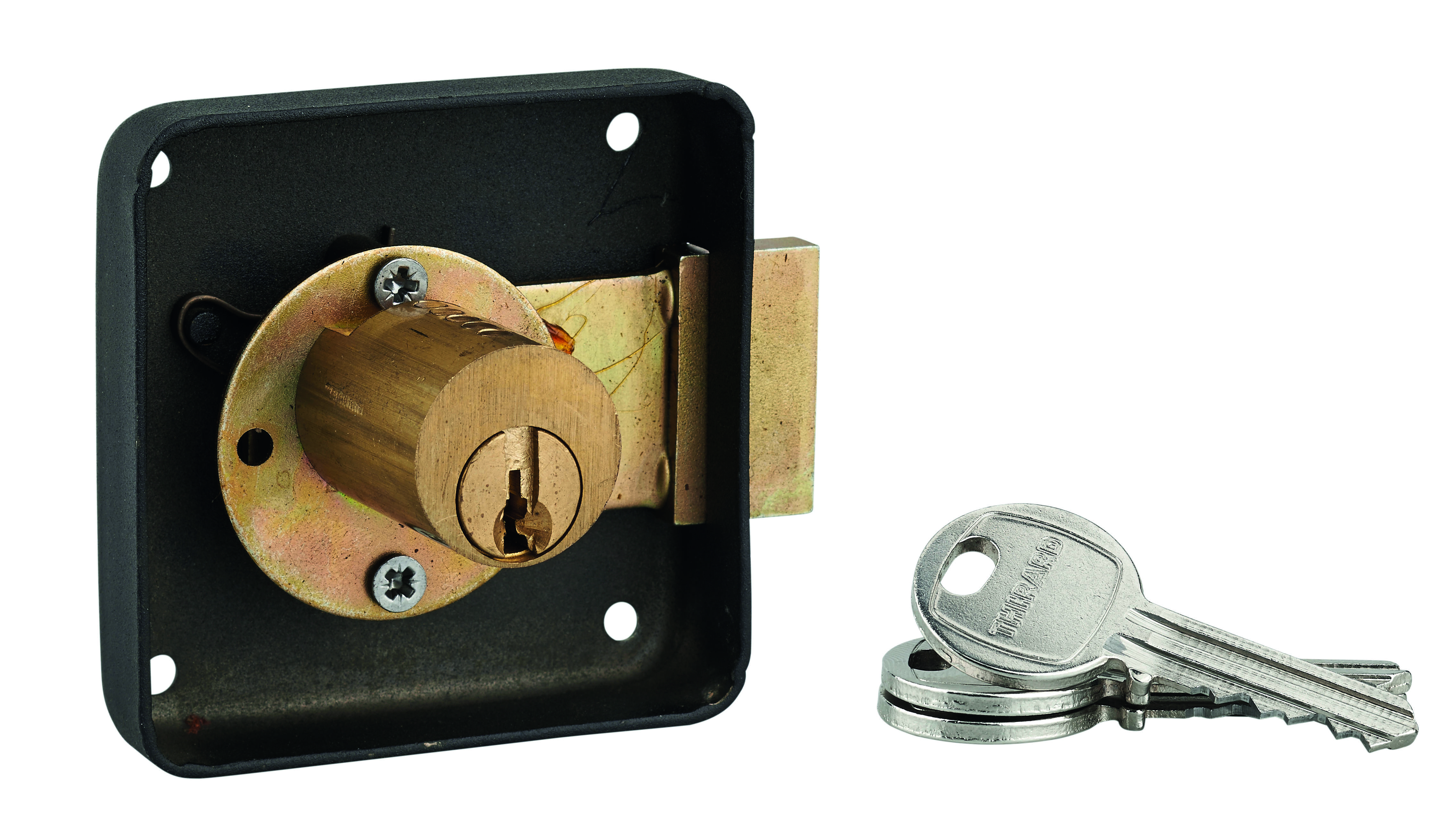 Serrure de meuble en applique pour porte d'ameublement, gauche, axe 40mm, 70x70mm, noir, 3 clés - THIRARD