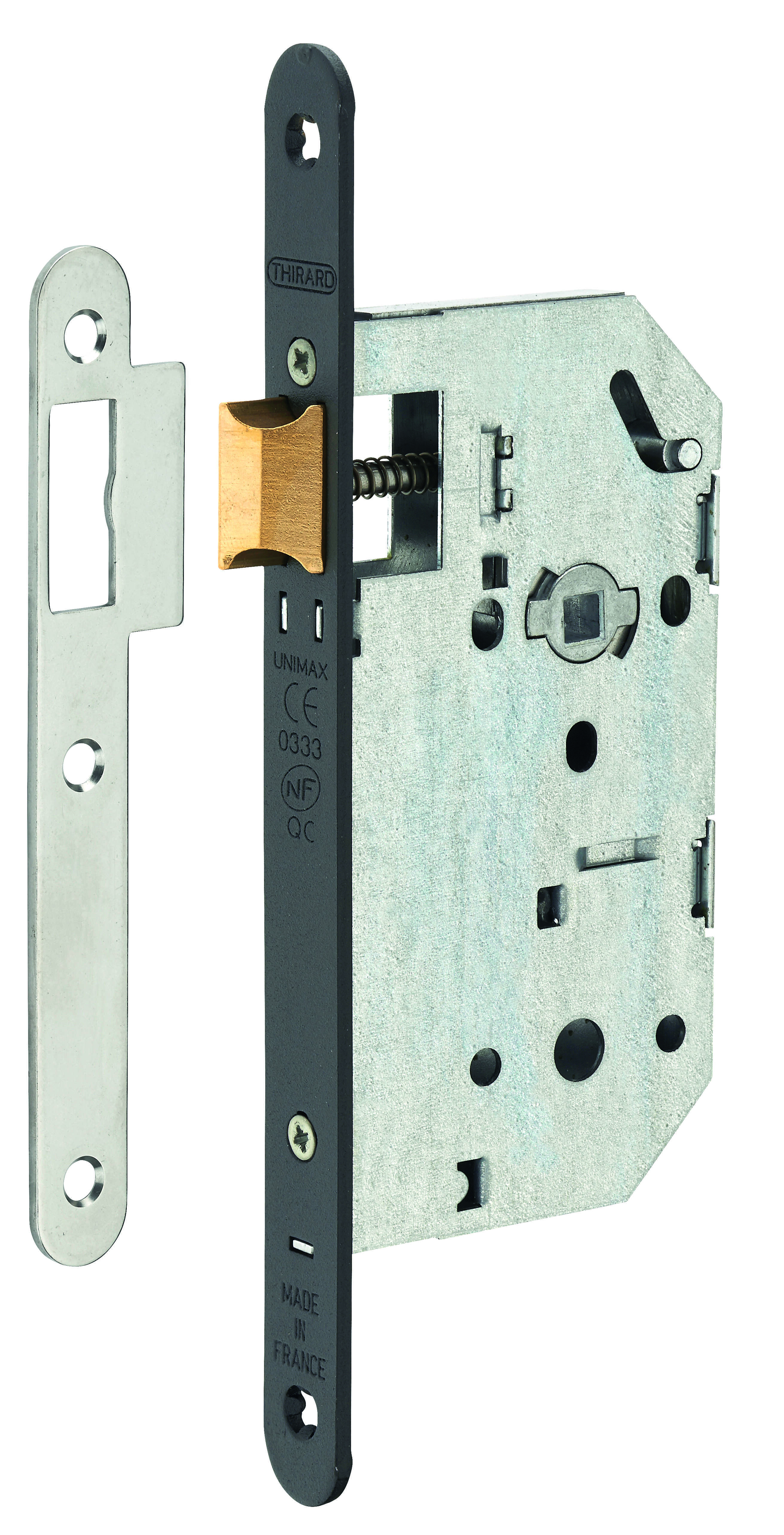 Serrure encastrable Unimax CE NF QC pour porte intérieur, axe 50mm, bouts ronds, têtière noire - THIRARD