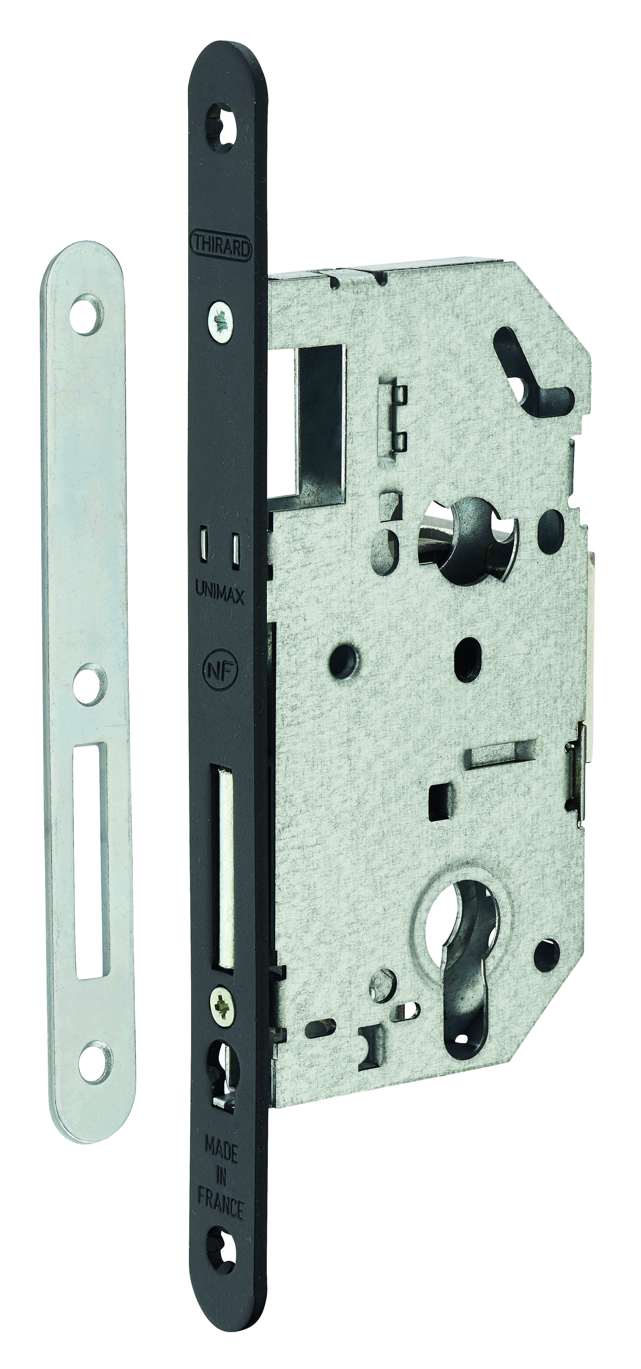Boitier de serrure encastrable Unimax NF à cylindre pour entrée, pêne dorm. seul, axe 50mm, bouts ronds, noir - THIRARD