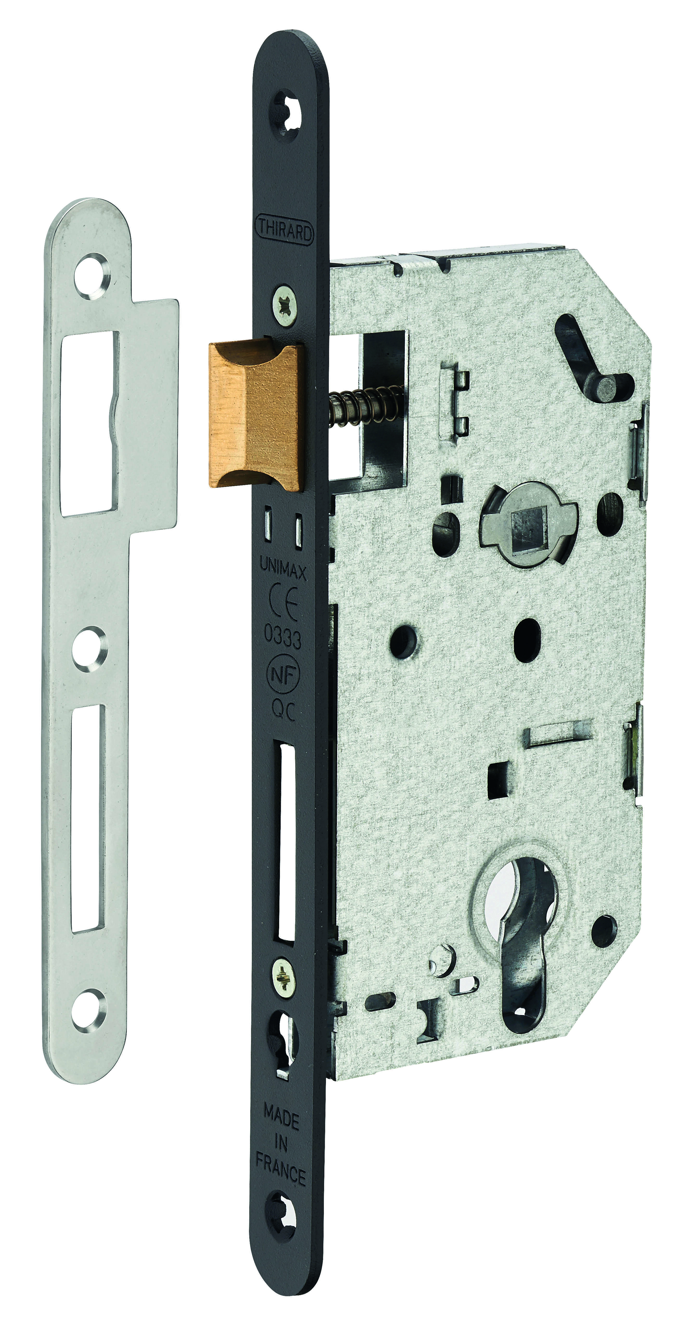 Serrure encastrable Unimax CE NF QC à cylindre pour porte d'entrée, axe50mm, bouts ronds, têtière noire - THIRARD