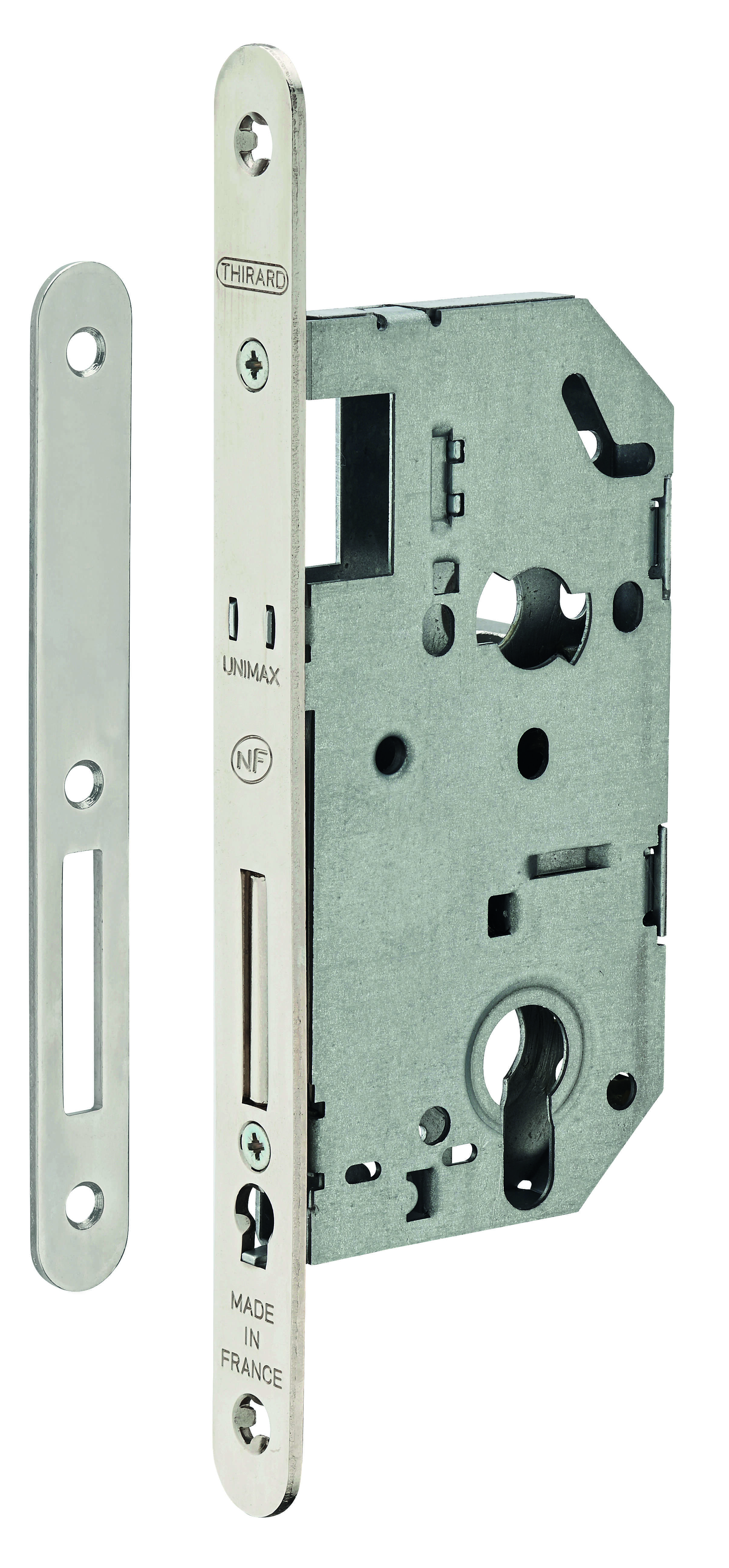 Boitier de serrure encastrable Unimax NF à cylindre pour entrée, pêne dorm. seul, axe 50mm, bouts ronds, nickelé - THIRARD