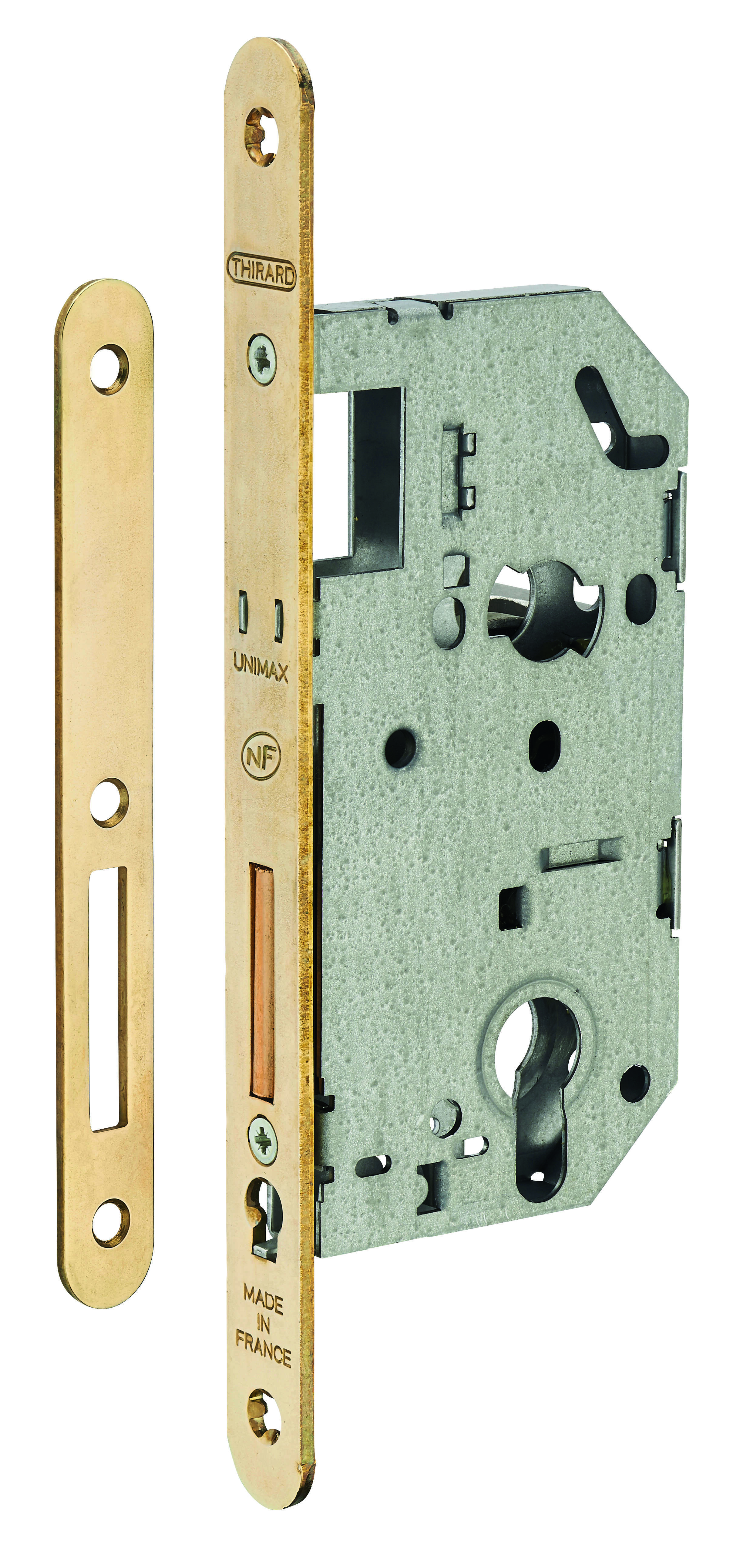 Boitier de serrure encastrable Unimax NF à cylindre pour entrée, pêne dorm. seul, axe 50mm, bouts ronds, laitonné - THIRARD