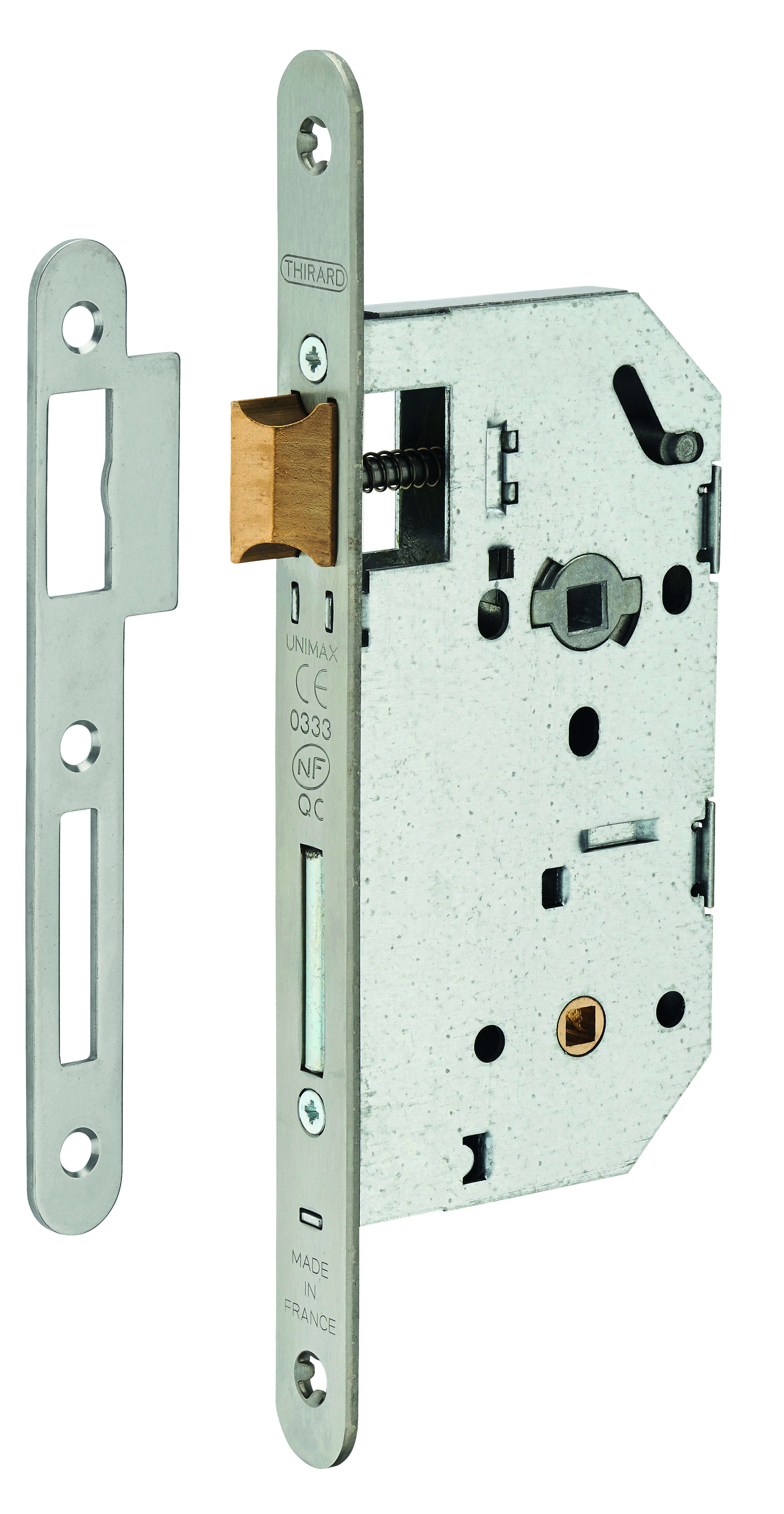 Serrure encastrable Unimax CE NF QC à condamnation pour salle de bain et toilette, axe 50mm, bouts ronds, têtière inox - THIRARD