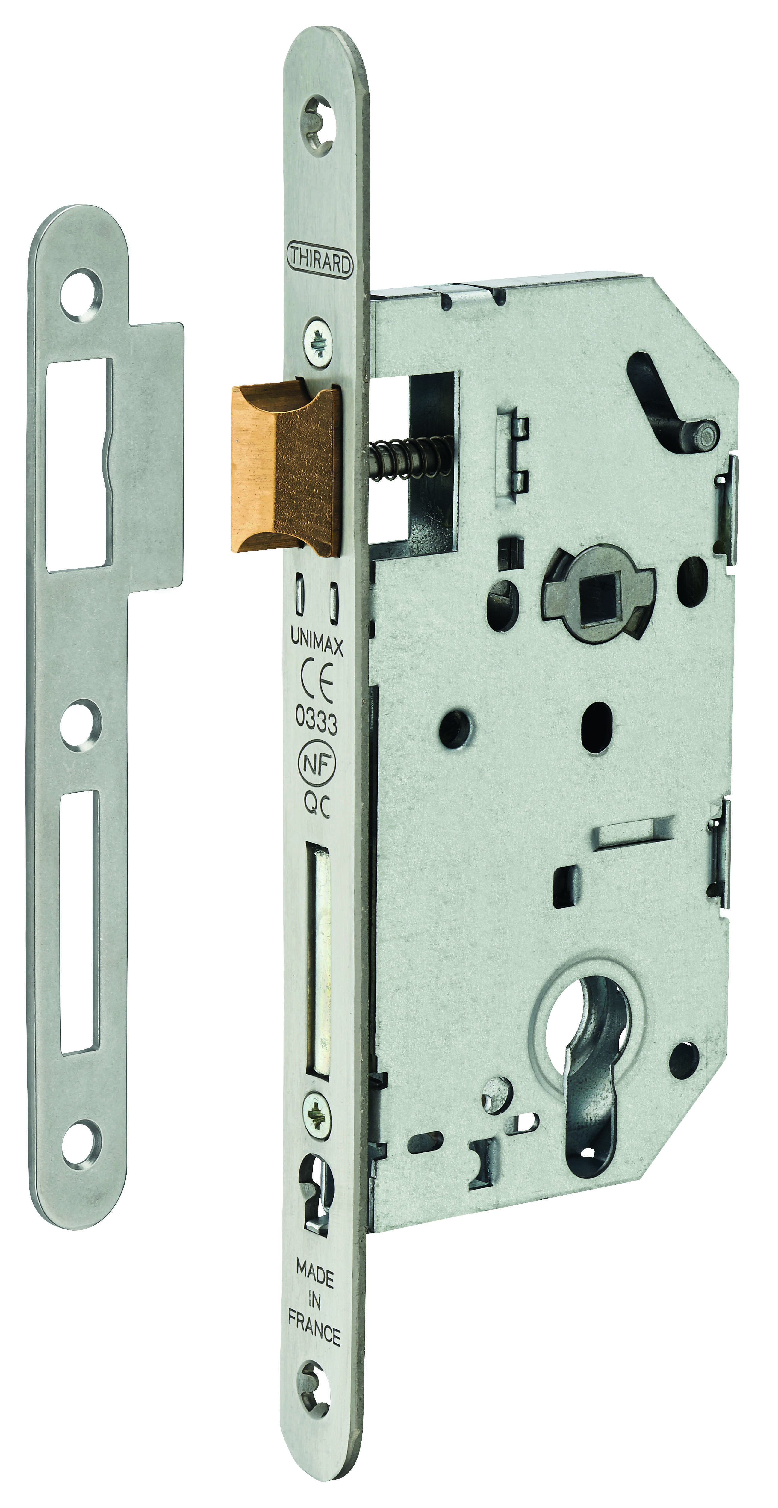 Serrure encastrable Unimax CE NF QC à cylindre pour porte d'entrée, axe50mm, bouts ronds, têtière inox - THIRARD