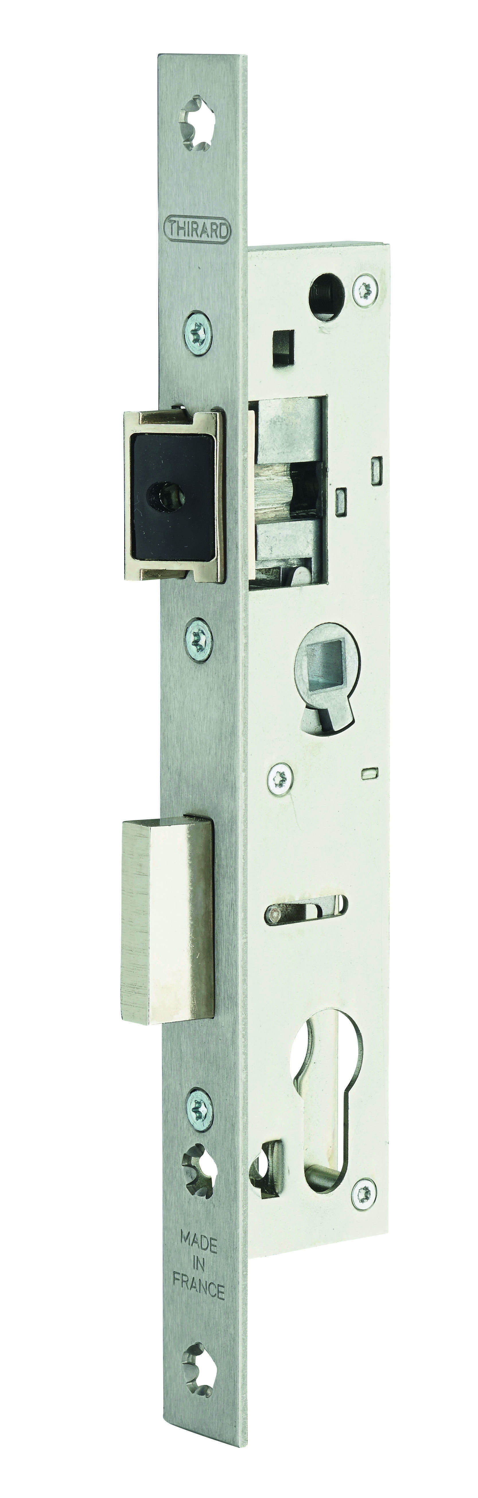 Boitier de serrure encastrable à cylindre pour menuiserie métallique, axe 21mm, entr’axe 70, bouts carrés, inox - THIRARD