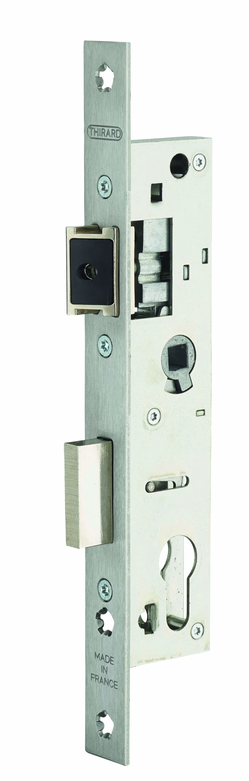 Boitier de serrure encastrable à cylindre pour menuiserie métallique, axe 24mm, entr’axe 70, bouts carrés, inox - THIRARD