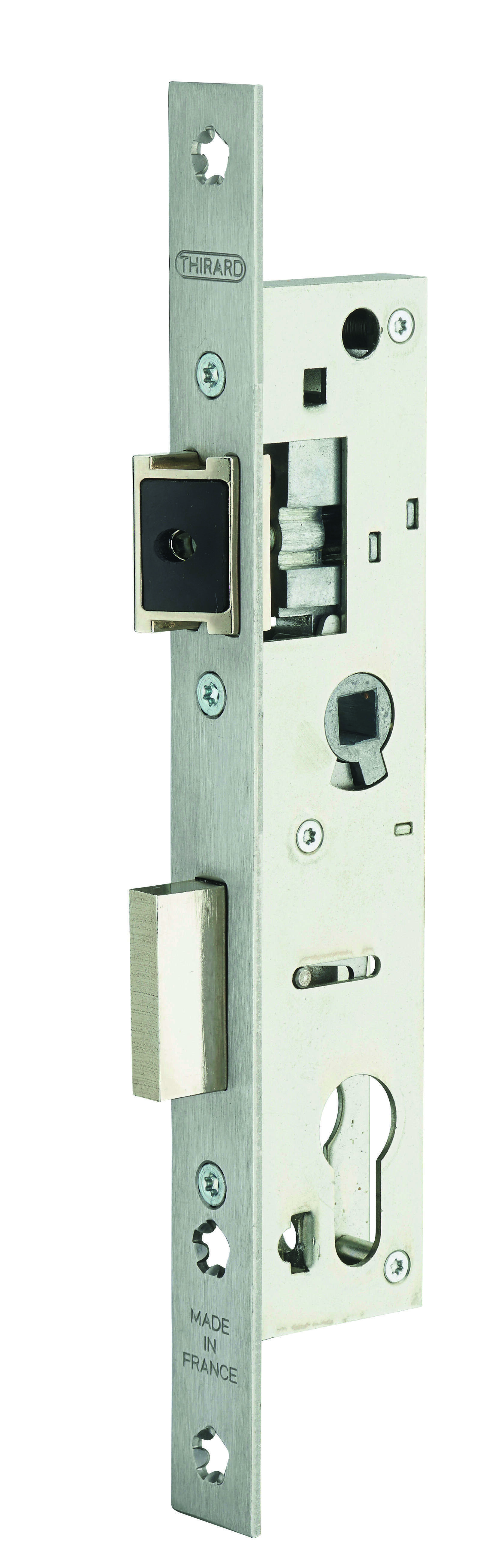 Boitier de serrure encastrable à cylindre pour menuiserie métallique, axe 24mm, entr’axe 70, bouts carrés, inox - THIRARD