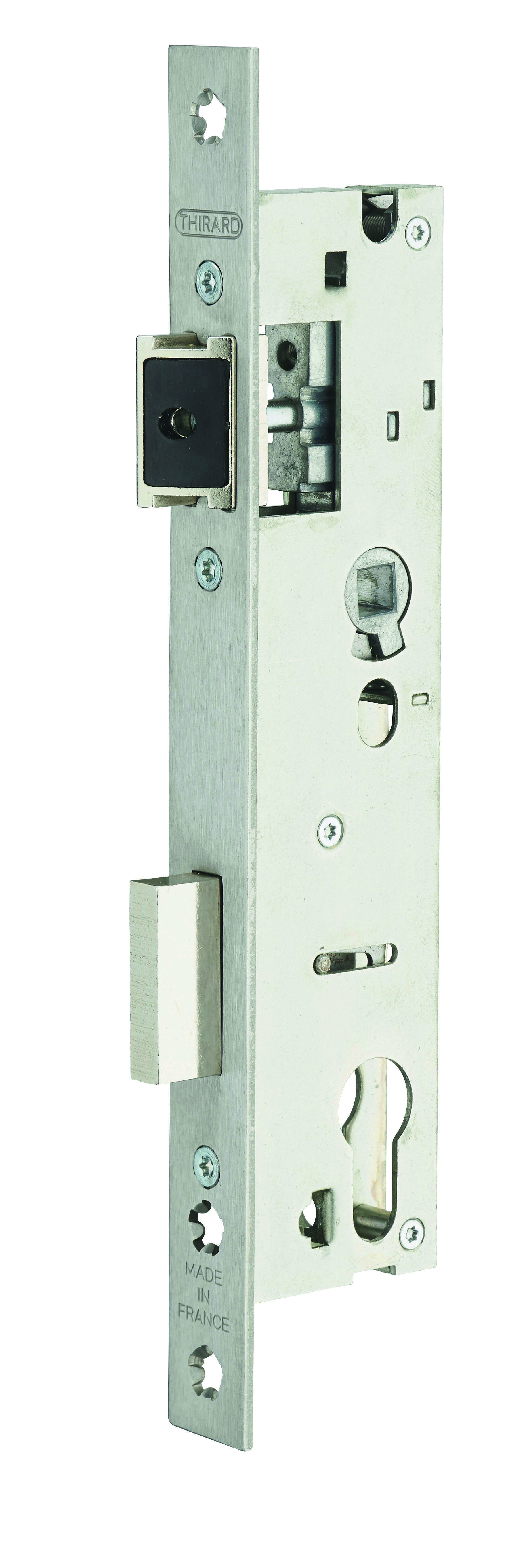Boitier de serrure encastrable à cylindre pour menuiserie métallique, axe 30mm, entr'axe 92mm, bouts carrés, inox - THIRARD