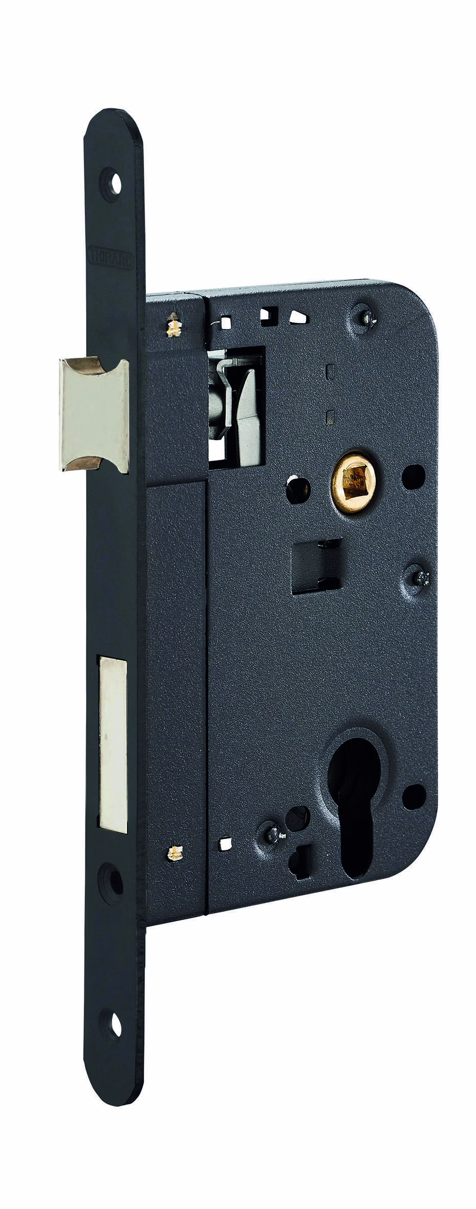 Boitier de serrure encastrable à cylindre pour porte d'entrée, axe 70mm, bouts ronds, noir - THIRARD