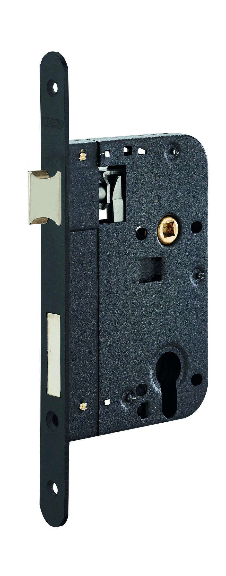 Boitier de serrure encastrable à cylindre pour porte d'entrée, axe 70mm, bouts ronds, noir - THIRARD