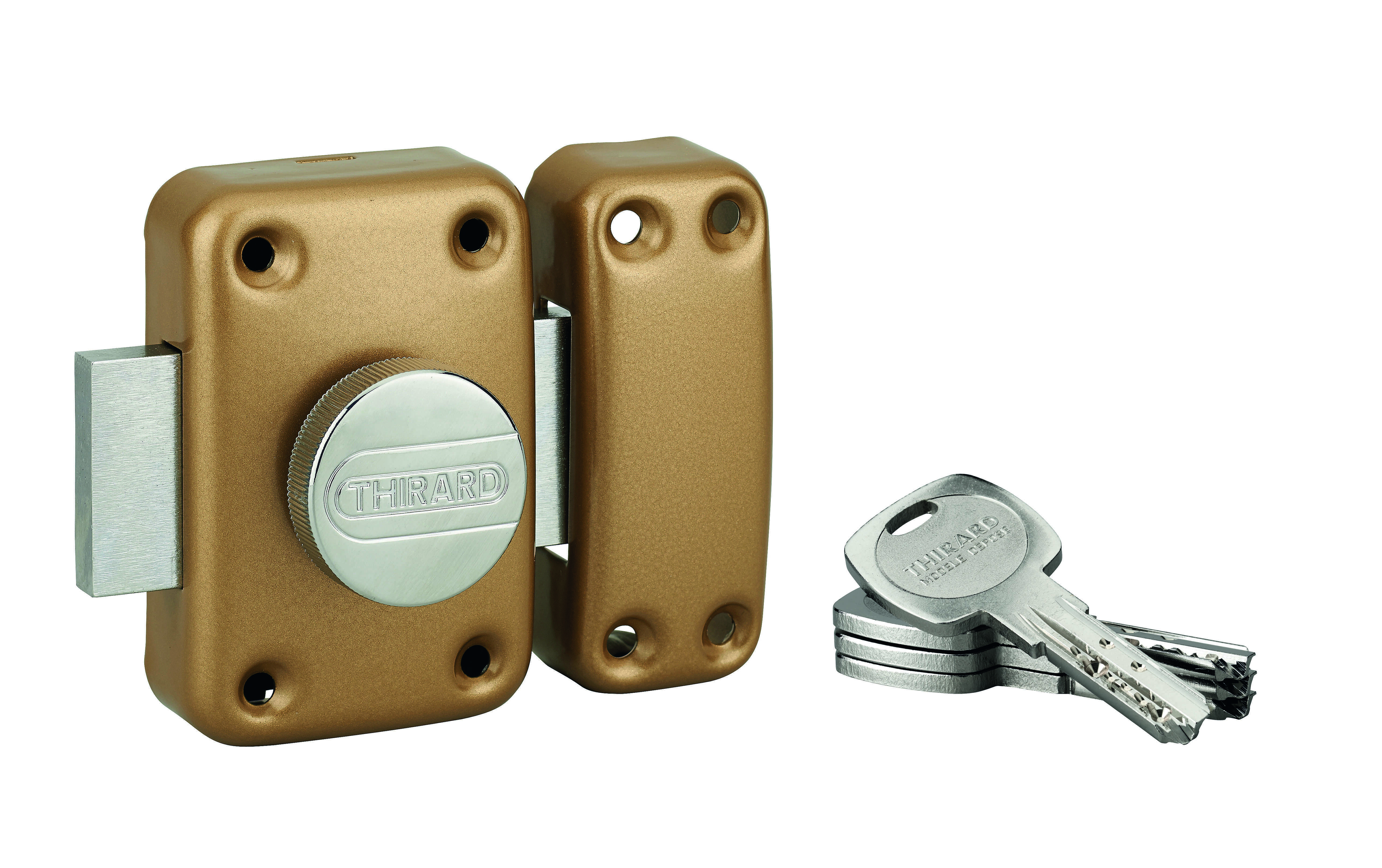 Verrou à bouton Transit 2 pour porte d'entrée, cylindre 45mm, 4 clés, époxy or - THIRARD