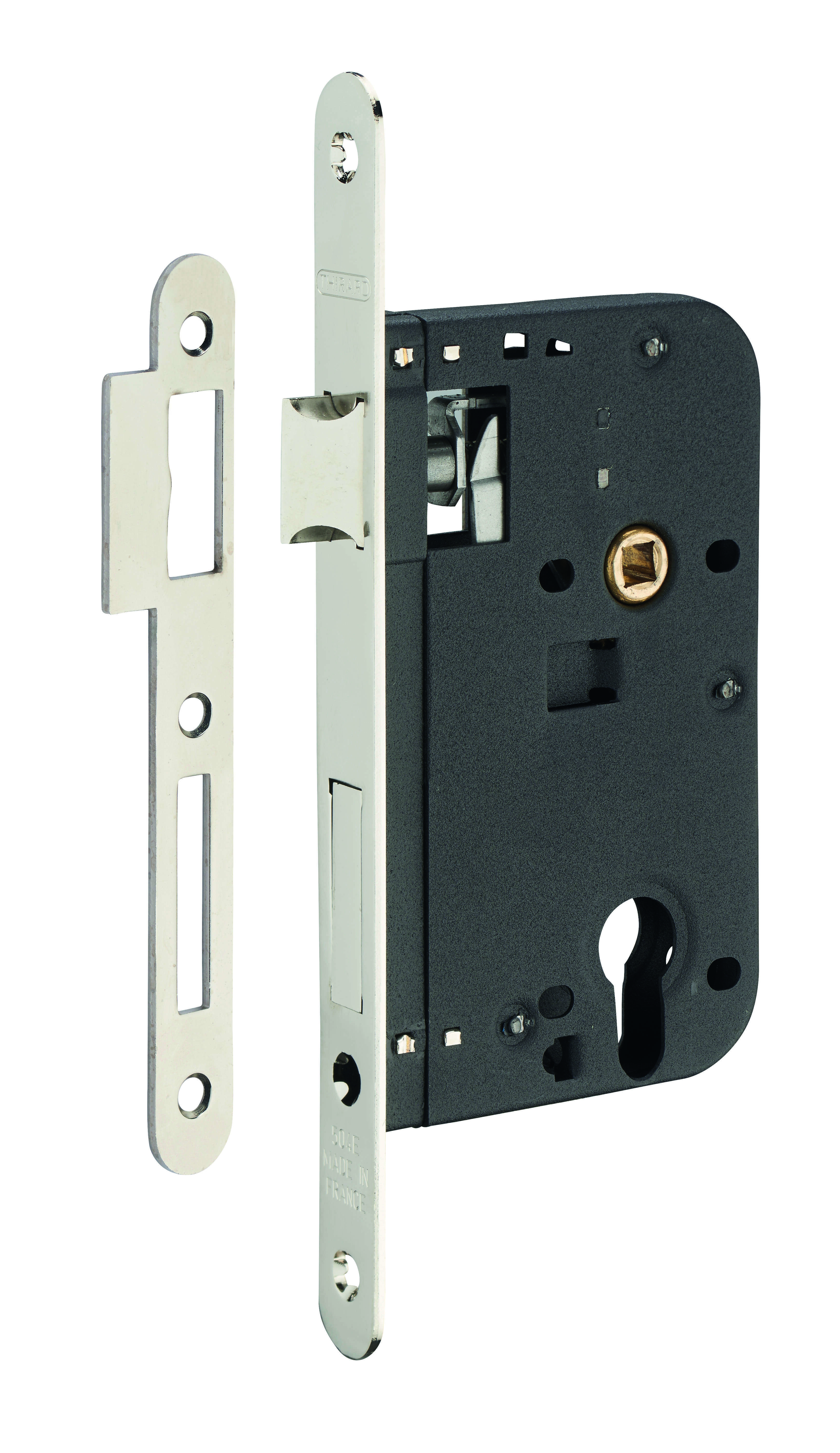 Boitier de serrure encastrable à cylindre pour porte d'entrée, axe 60mm, bouts ronds, nickelé - THIRARD