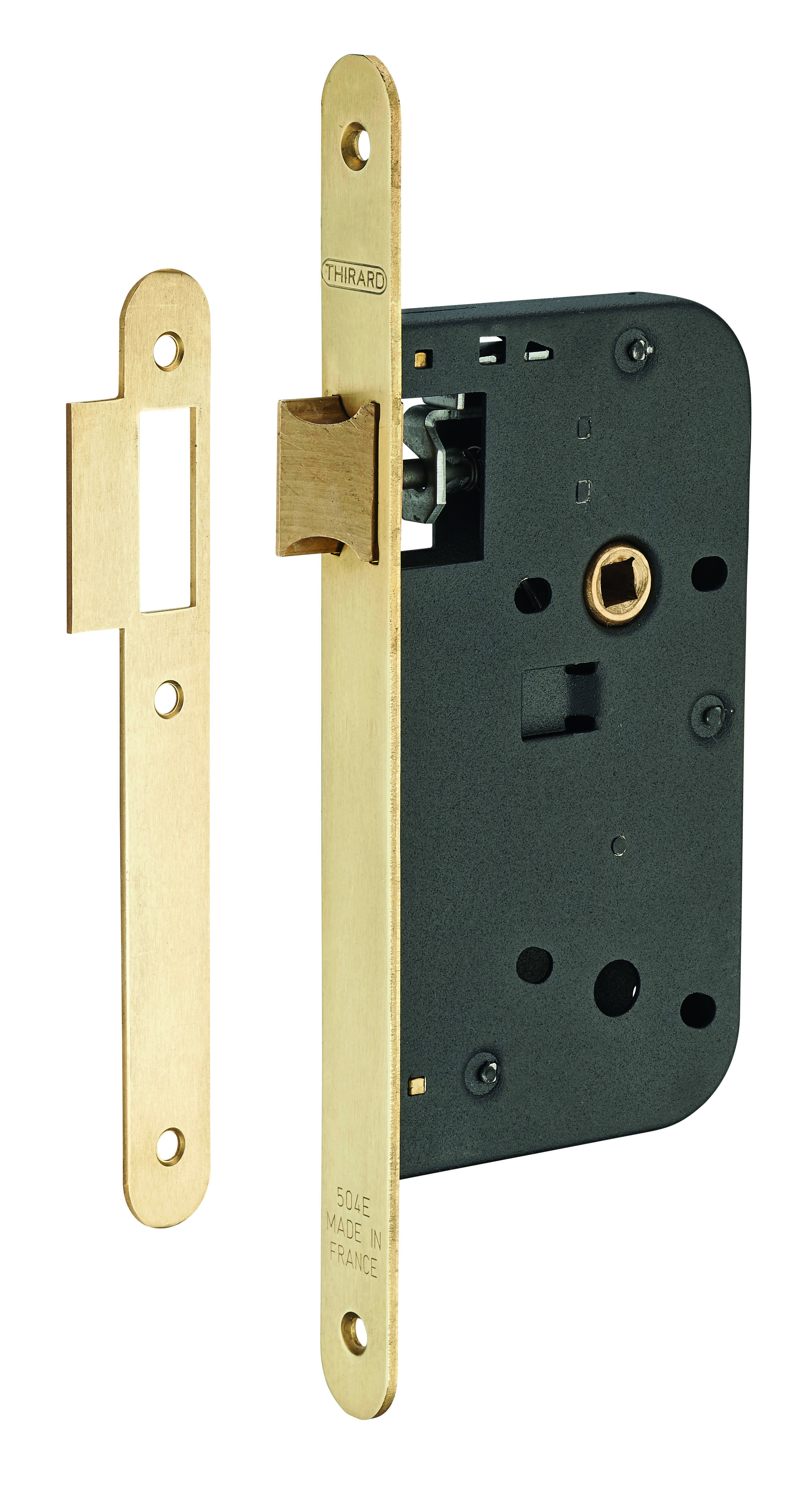 Serrure encastrable pour porte intérieure, axe 50mm, bouts ronds, laiton brossé - THIRARD