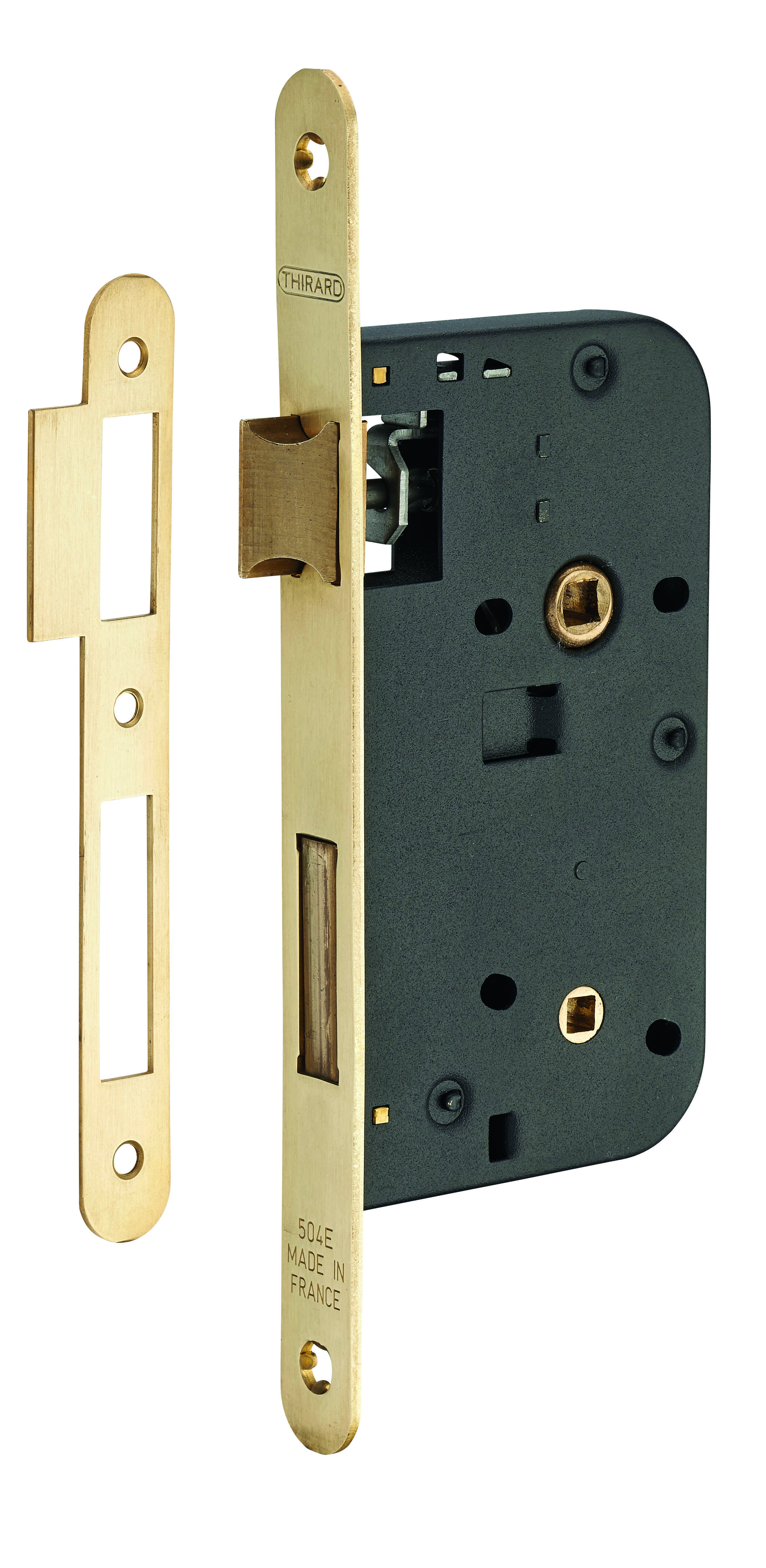 Serrure encastrable à condamnation pour porte de salle de bain et toilettes, axe 50mm, bouts ronds, laiton brossé - THIRARD