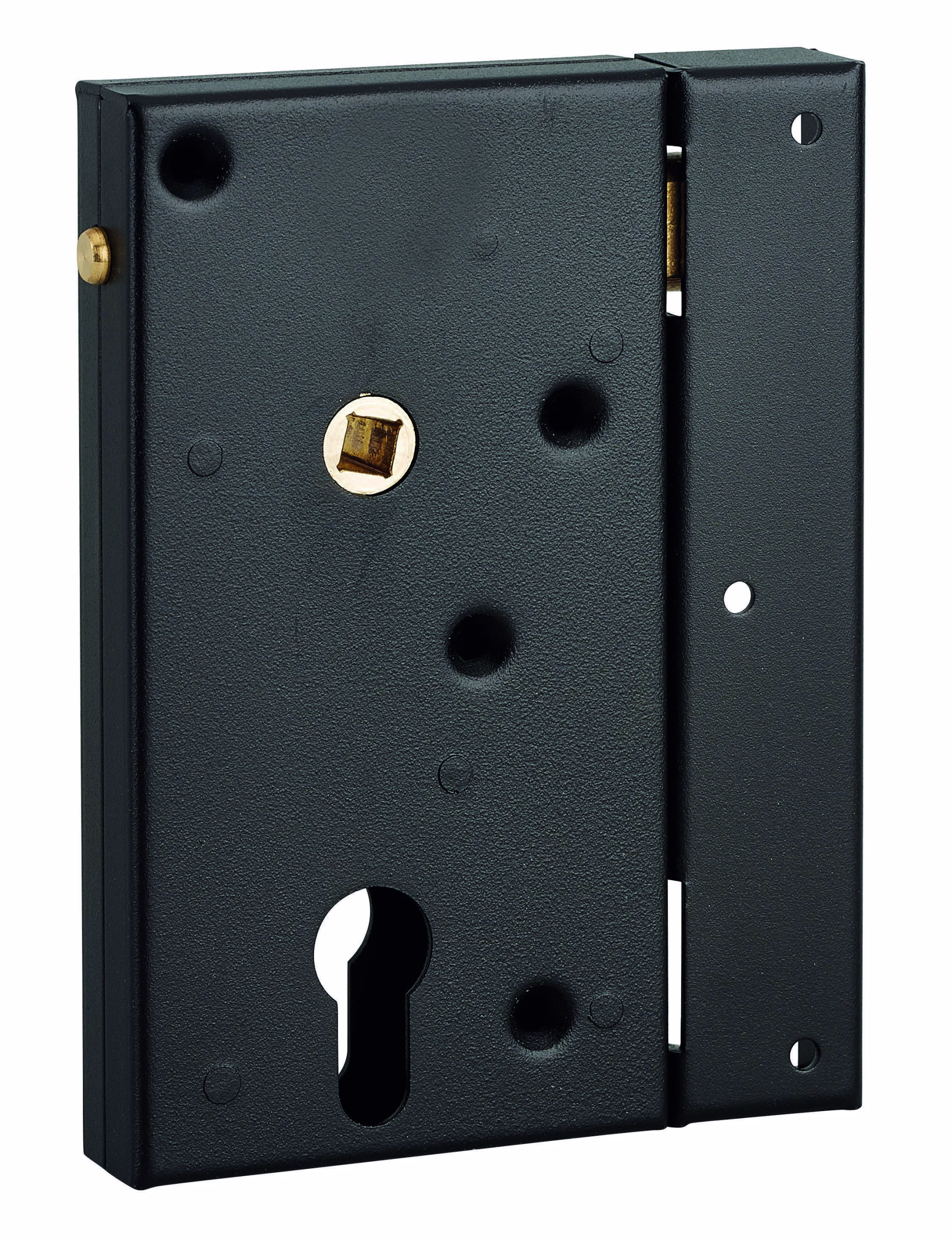 Boitier de serrure en applique double entrée à fouillot pour portail bois, réversible, axe 45mm, 80x150mm, noir - THIRARD