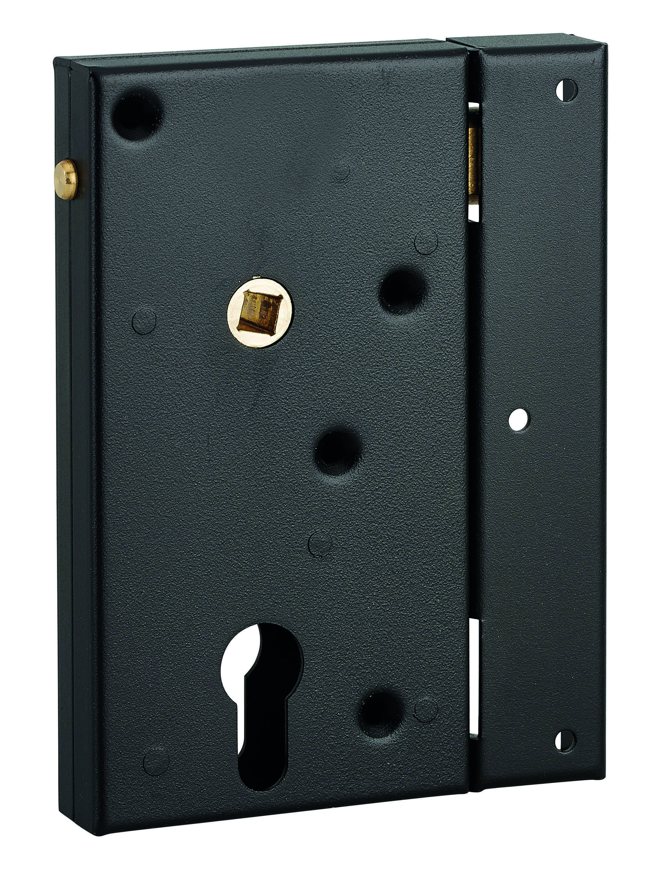 Boitier de serrure en applique double entrée à fouillot pour portail bois, réversible, axe 45mm, 80x150mm, noir - THIRARD