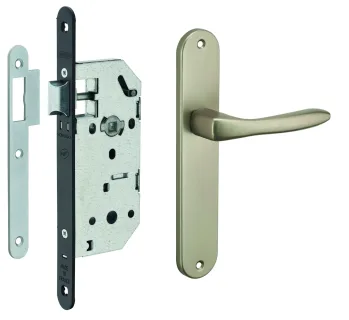 Garniture serrure encastrable Monomax NF à bec de cane + ensemble poignées Héra, axe 40mm, bouts ronds - THIRARD