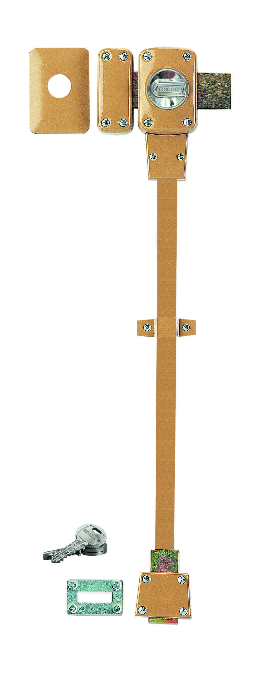Verrou à bouton Mirage 6 pour porte d'entrée, cylindre 45mm, tringle 2 pts en acier, bas, gauche, 3 clés, bronze - THIRARD