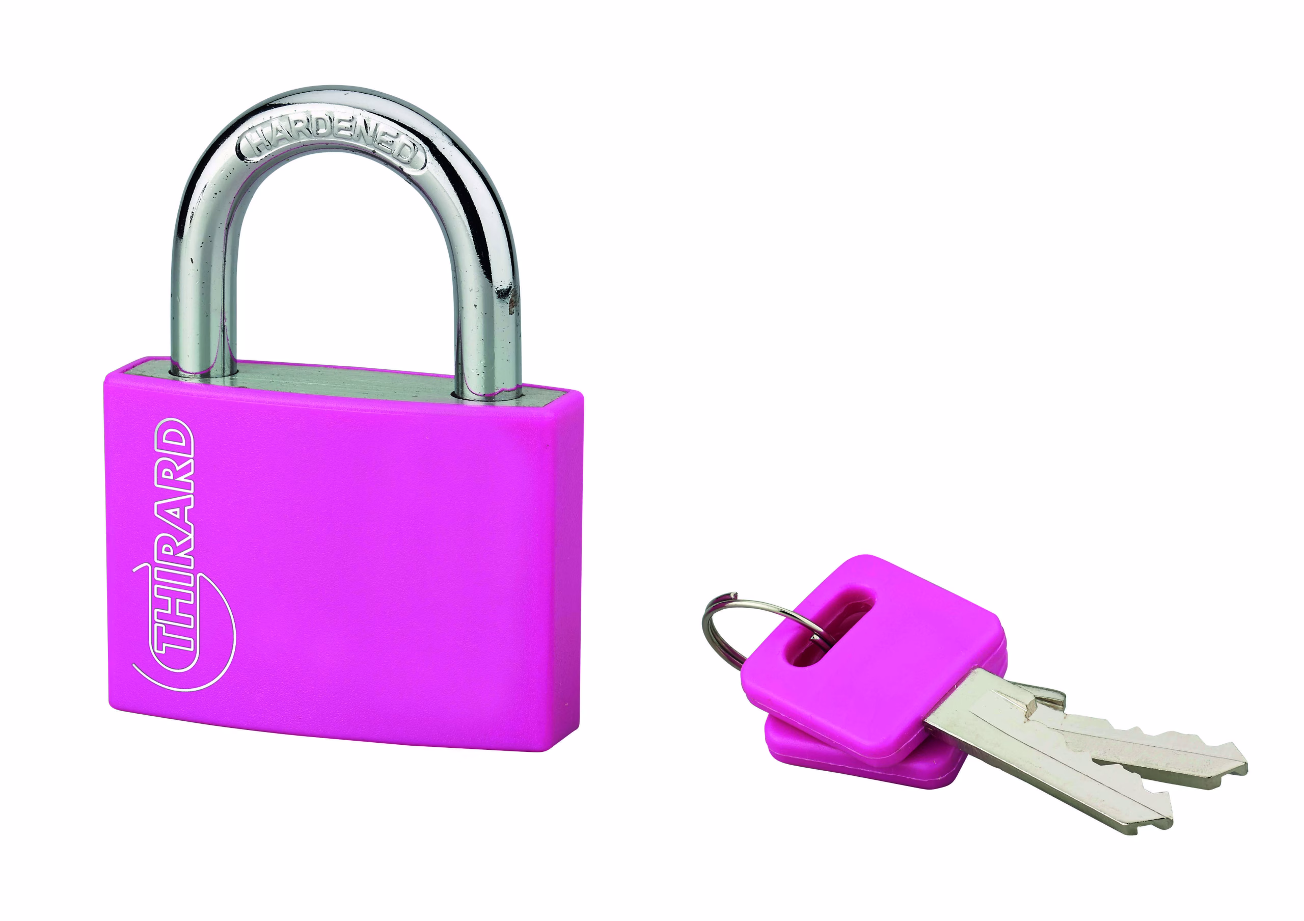 Cadenas à clé, extérieur, alu, 50mm, anse acier nickelé, 2 clés, rose- THIRARD