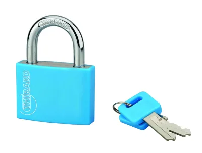 Cadenas à clé, extérieur, alu, 50mm, anse acier nickelé, 2 clés, bleu- THIRARD