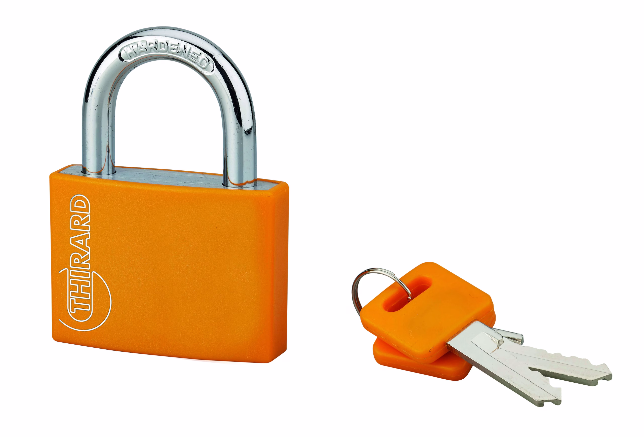 Cadenas à clé, extérieur, alu, 50mm, anse acier nickelé, 2 clés, orange - THIRARD