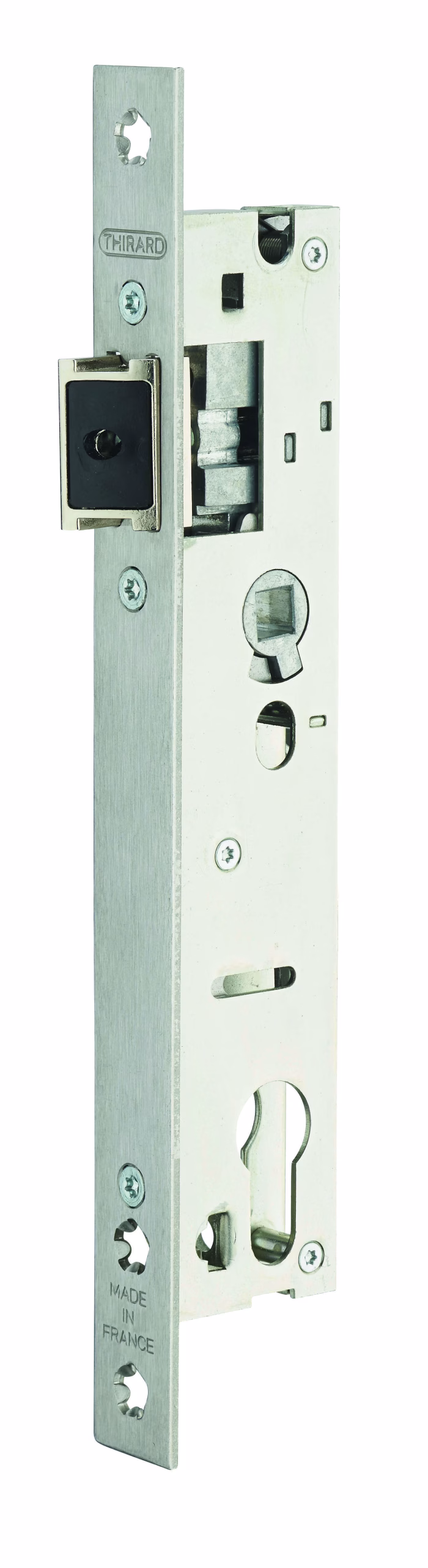 Boitier de serrure encastrable à cylindre pour menuiserie métallique, axe 24mm, L39, bouts carrés, inox - THIRARD