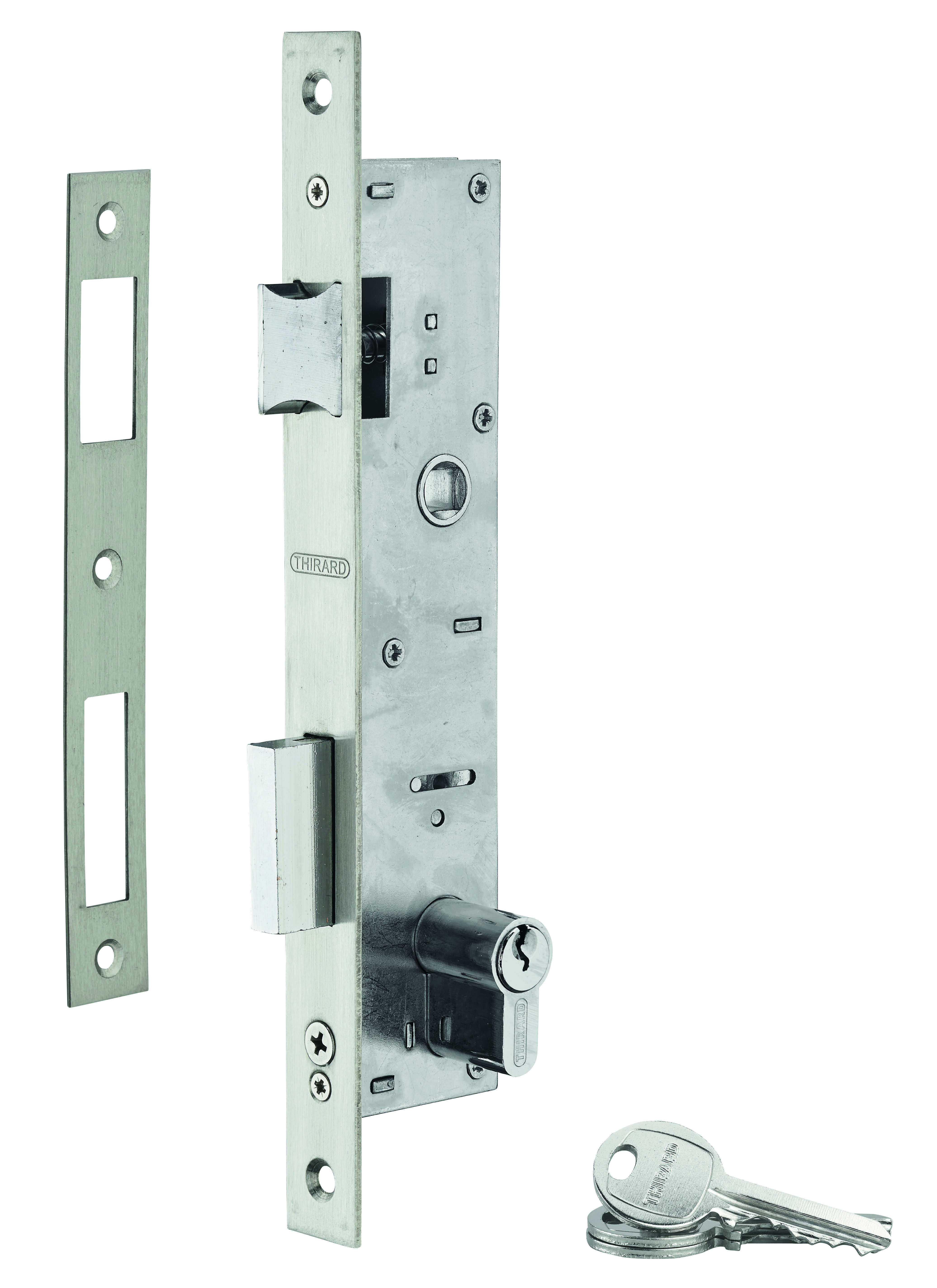 Serrure encastr. à cylindre pour menuiserie métallique, axe 21mm, L 41, bouts carrés, cylindre 30x30mm, inox, 3 clés - THIRARD
