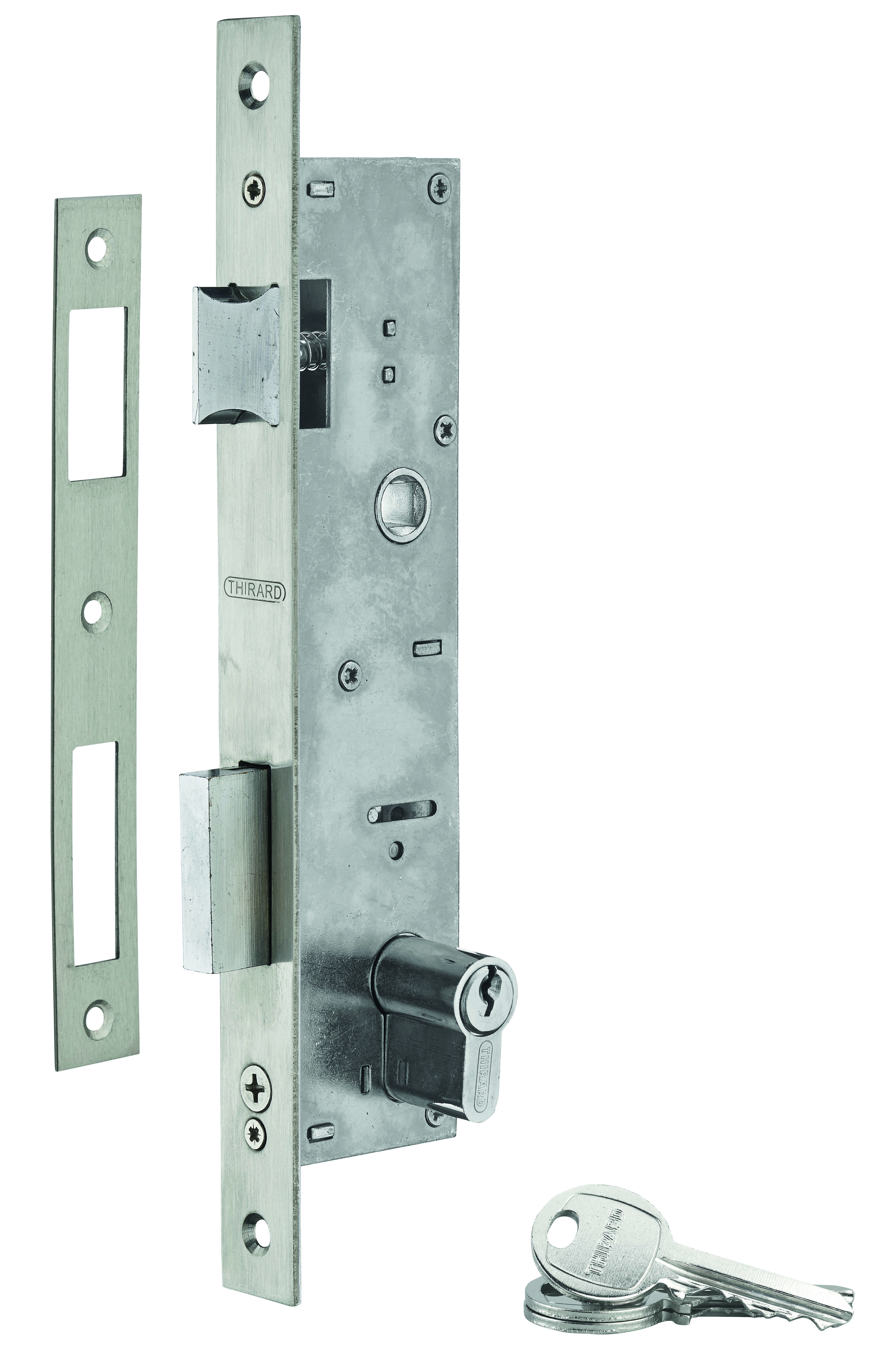 Serrure encastr. à cylindre pour menuiserie métallique, axe 30mm, L 45, bouts carrés, cylindre 30x30mm, inox, 3 clés - THIRARD